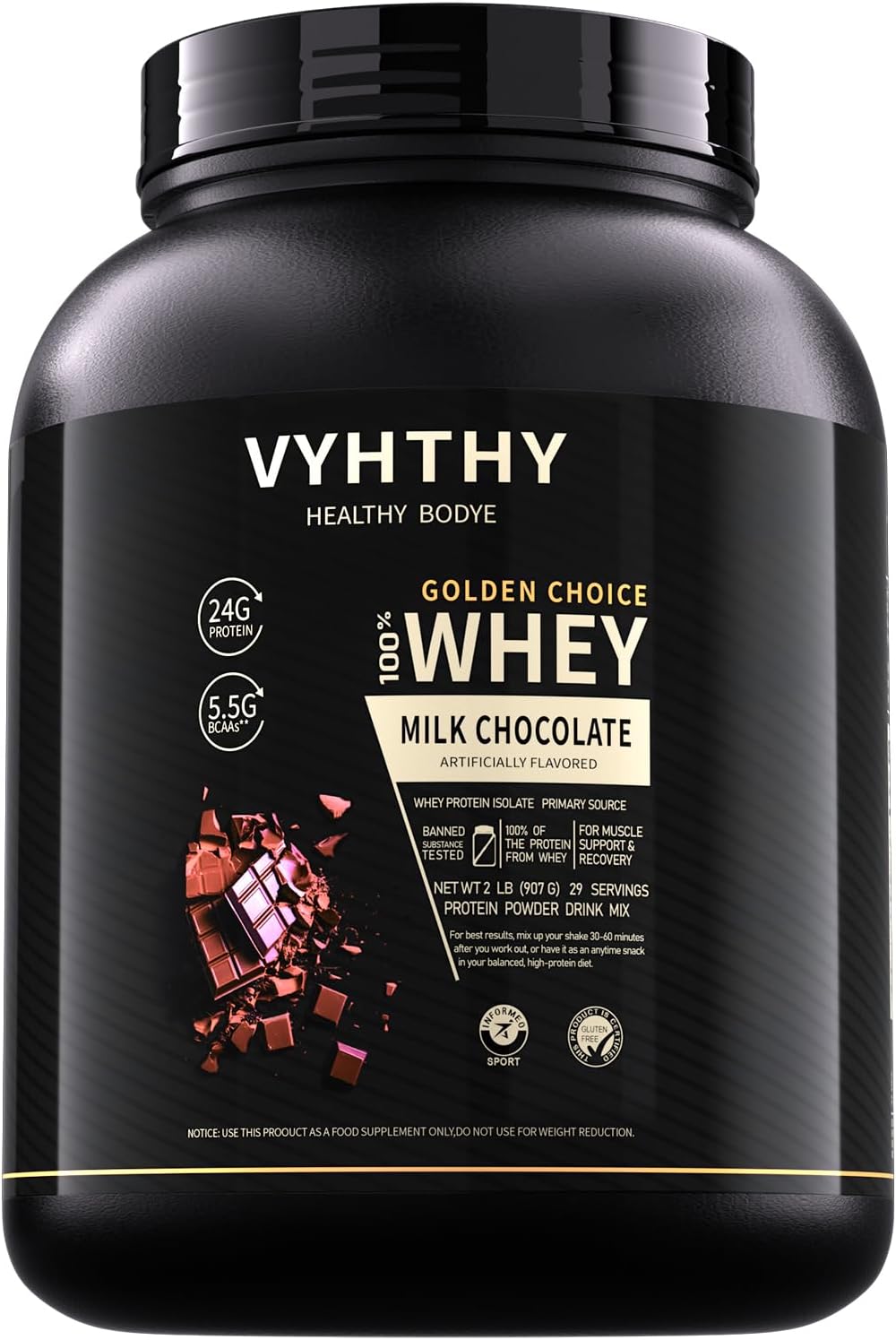100% Whey Protein Powder, 24g Protein, 5.5g BCAAs & 2.7 L-Leucine, Quick Absorbing & Fast Digesting for Optimal Muscle Recovery, Rich Chocolate, 2 Pound, 29 Servings