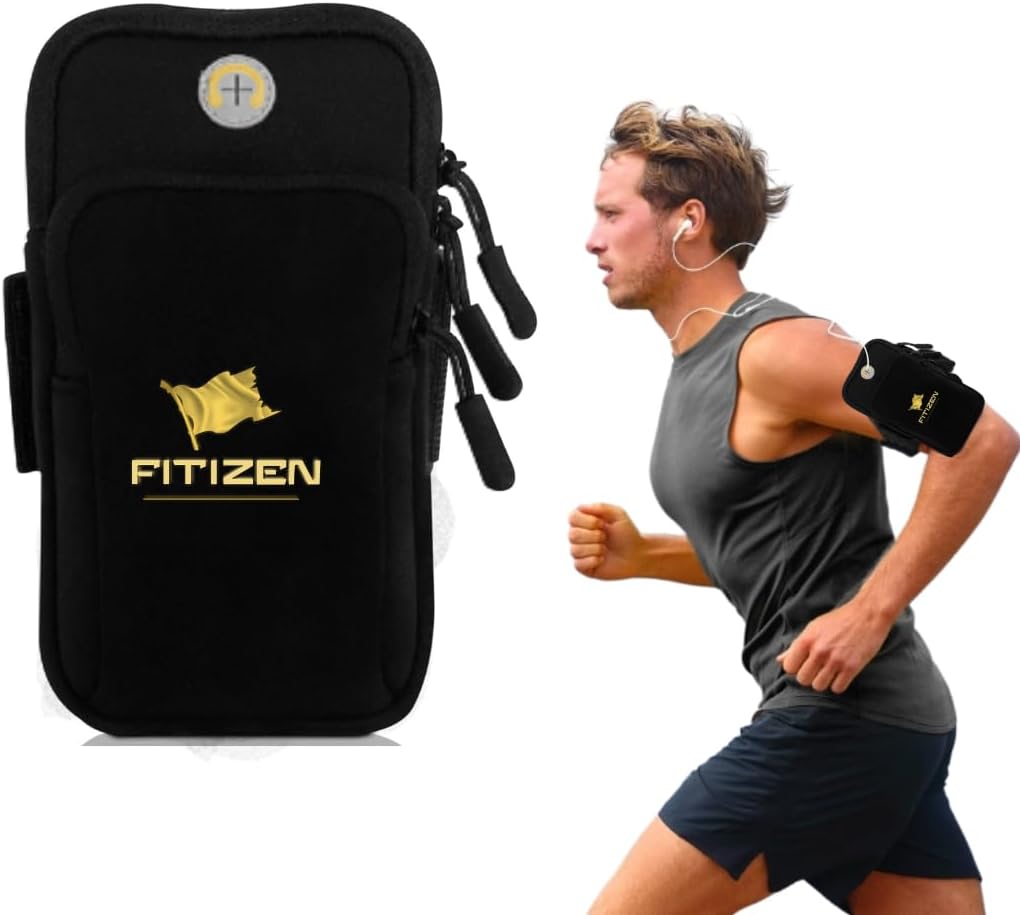 Phone Arm Band for Running – Fitizen Black – Water Resistant Running Phone Holder for Running – Adjustable Secure Belt Phone Pocket by FitNation