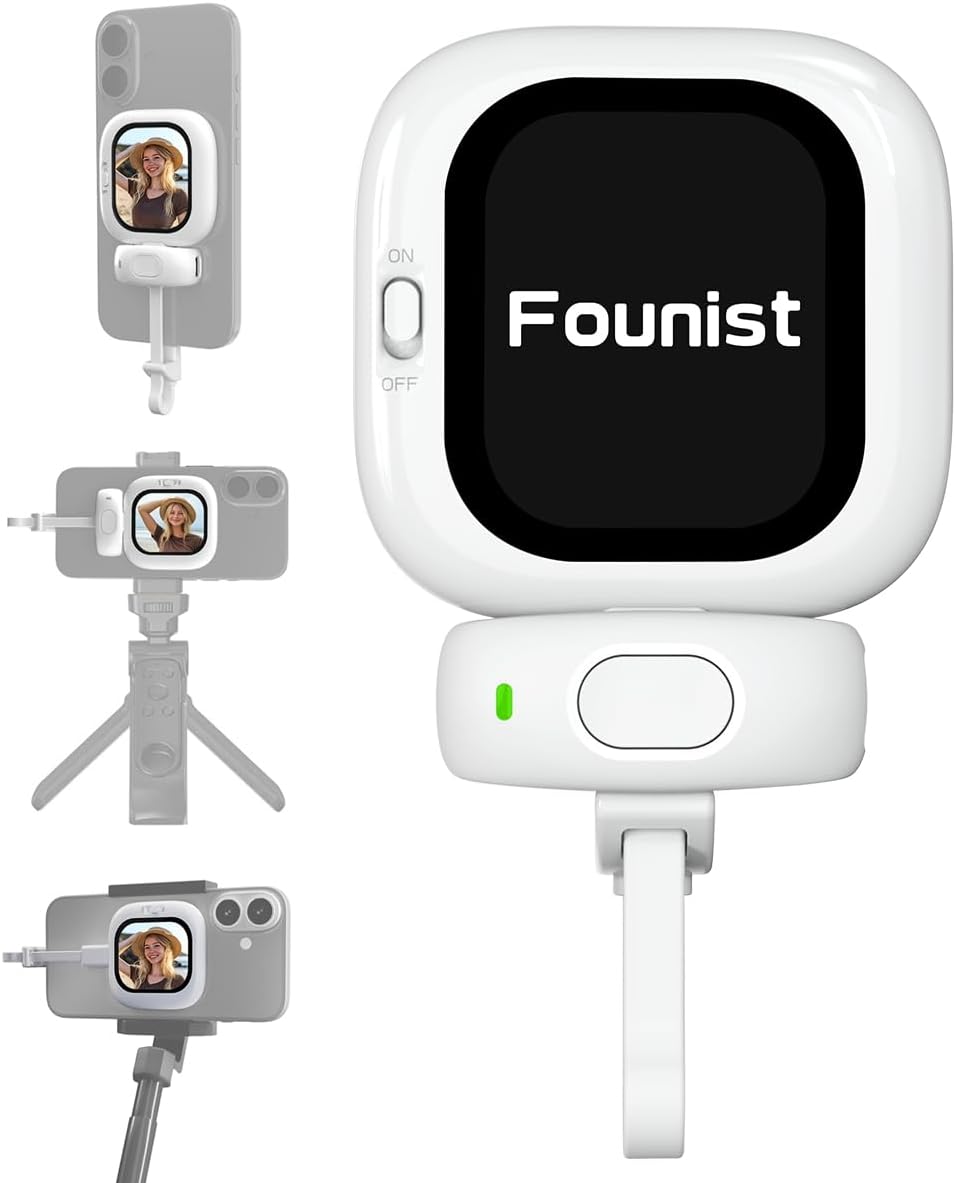 Founist Vlogmate Mini Magnetic AMOLED Screen Selfie Monitor with Wireless Remote | Unlock 4K Rear Camera for iPhone XS-17 | Ultra-Compact Design | Gift for Creators, Vloggers, You & Me | White