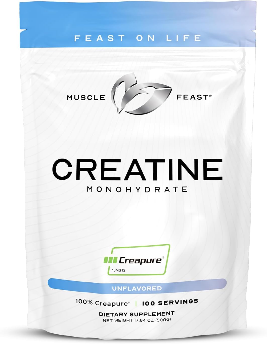 Muscle Feast Creapure Creatine Monohydrate Powder, Vegan Keto Friendly Gluten-Free, Mass Gainer, Muscle Recovery Supplement and Trusted Creatine for Muscle Growth, Creatine Powder, Unflavored, 500g
