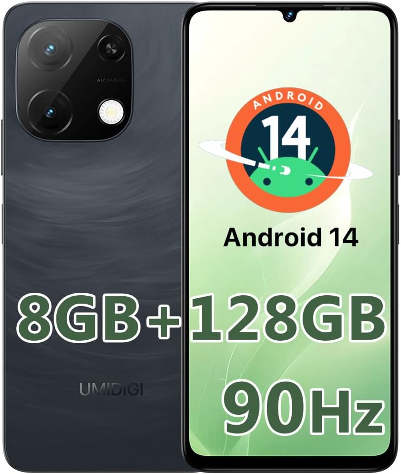 UMIDIGI G9T Cell Phone, Android 14 Smartphone Unlocked, 6.75″ HD+ 90Hz Display, 5000mAh Battery, 18W Fast Charging, 8(4+4)+128GB/1TB TF, 13MP Camera, AI Face & Fingerprint Unlock, 4G Dual SIM, GPS