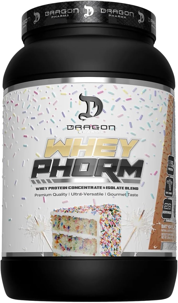 DRAGON PHARMA Whey Protein Blend, Fast Absorption, Gluten Free, 100% Whey Protein, WheyPhorm, Maximize Recovery, Great Tasting, 25 Grams of Protein (Birthday Cake)