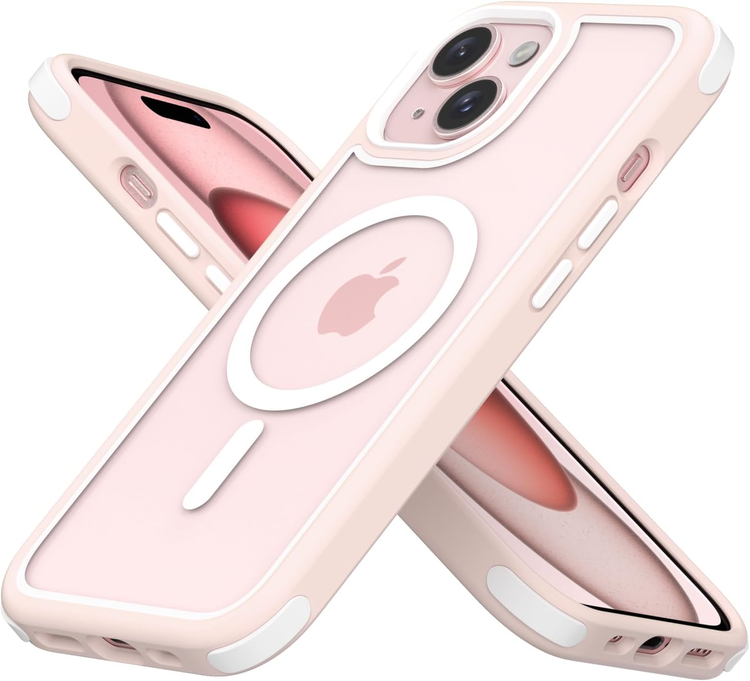 for iPhone 15 Case, Compatible with MagSafe, Crystal Clear Case with Magnetic Ring, Multicolor Protective Shockproof Bumpers, Not Yellowing Slim Cover for Men Women – Pink/White