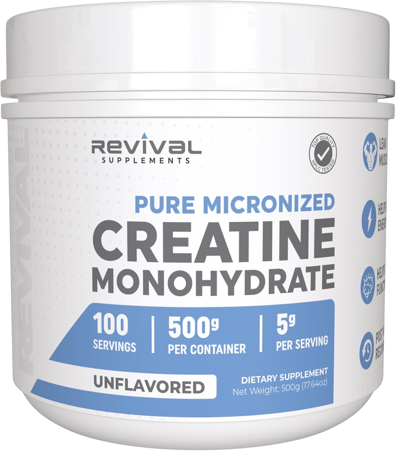 Revival Premium Micronized Creatine Monohydrate – HPLC Tested 100% Pure Grade – 500g (100 Servings) – Supports Lean Muscle Growth – Maximum Absorption – Unflavored – Made in USA & 3rd Party Lab Tested