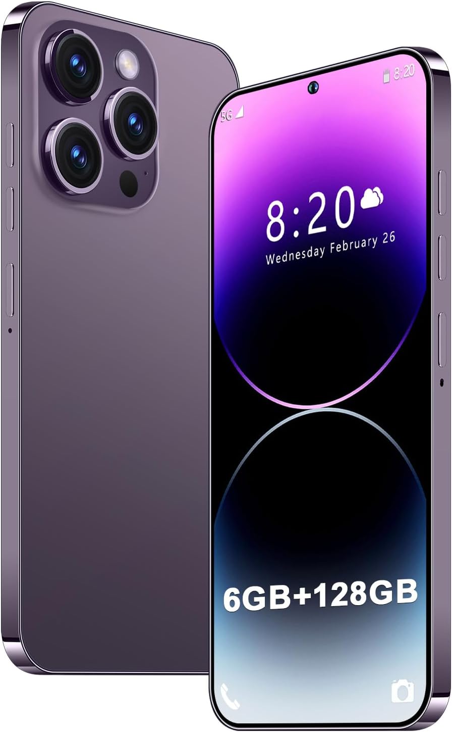 Phone 14 PROMA X Dual SIM Unlocked Phones for Intl Travel, 6.8 HD Android 13 Smartphone with Face ID/Fingerprint Lock, Snapdragon 8Gen2, 6800mAh 5G GPS (6GB+128GB, Purple)