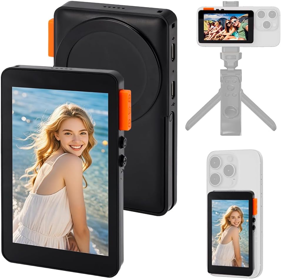 Magnetic Phone Vlog Selfie Monitor Screen, Rear Back Camera Monitor for iPhone, 4″ Screen 2300mAh Battery 20m Transmission Distance for Selfie Vlog Live Stream TikTok Video Recording (Black)
