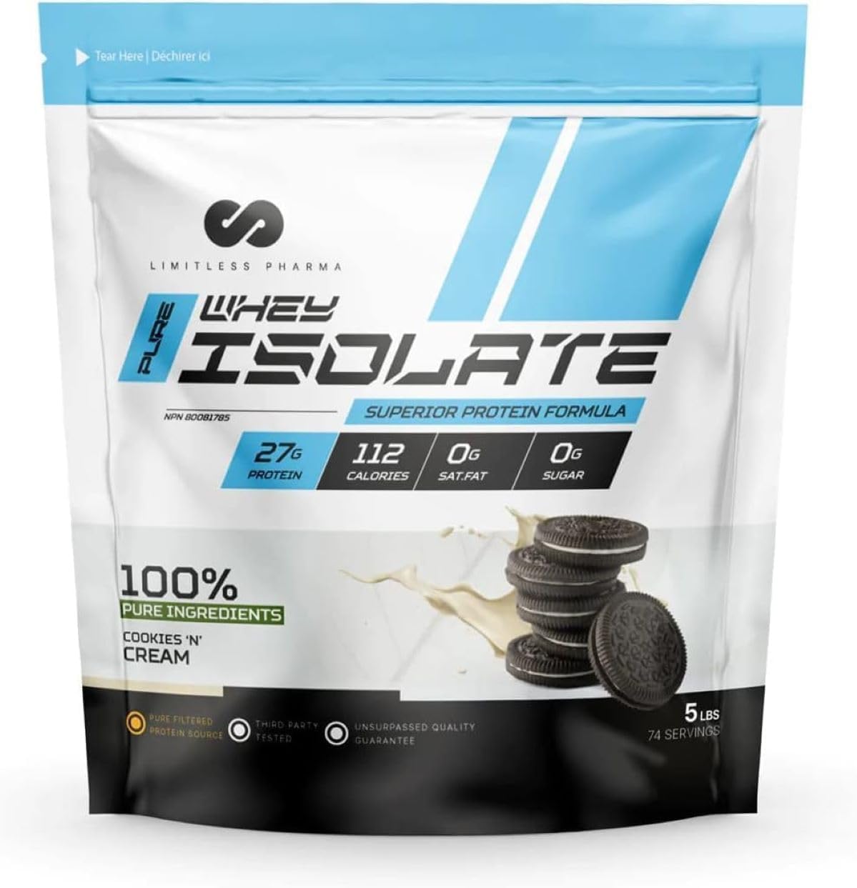 Pure Whey Isolate | High Protein Whey Isolate Protein Powder | 27g Protein, 6g BCAAs, Sugar Free, Gluten Free, Low Carb, Low Lactose | 74 Servings, 5LB (Cookies & Cream)
