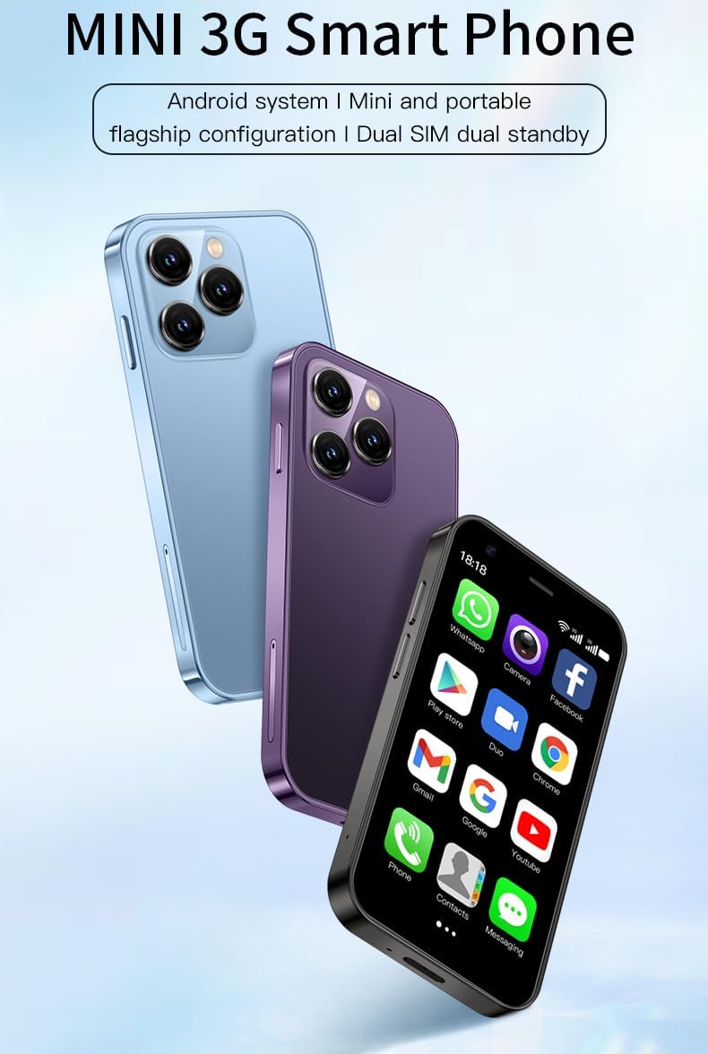 Mini Smartphone, XS15 3.0 Inch Small Phone Quad Core 2GB+16GB 5.0MP Dual SIM 1000mAh Android Mini Phones Unlocked 3G Mobile Phone (Purple)