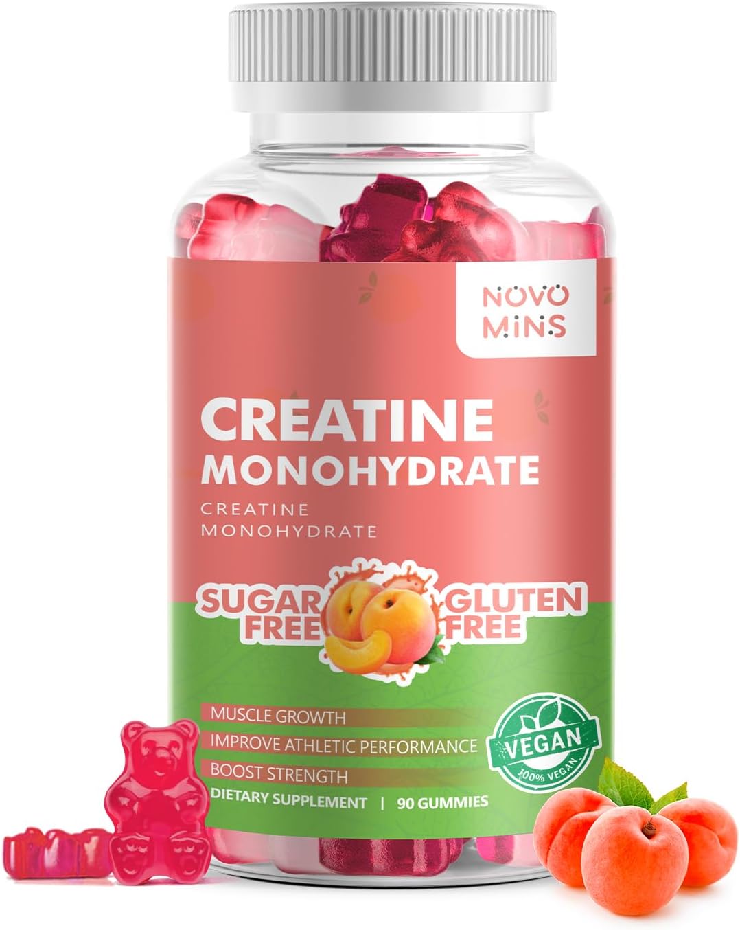 Creatine Monohydrate Gummies for Men & Women, Chewables Creatine Monohydrate for Muscle Strength, Muscle Builder, Energy Boost, Pre-Workout Supplement-90 Peach