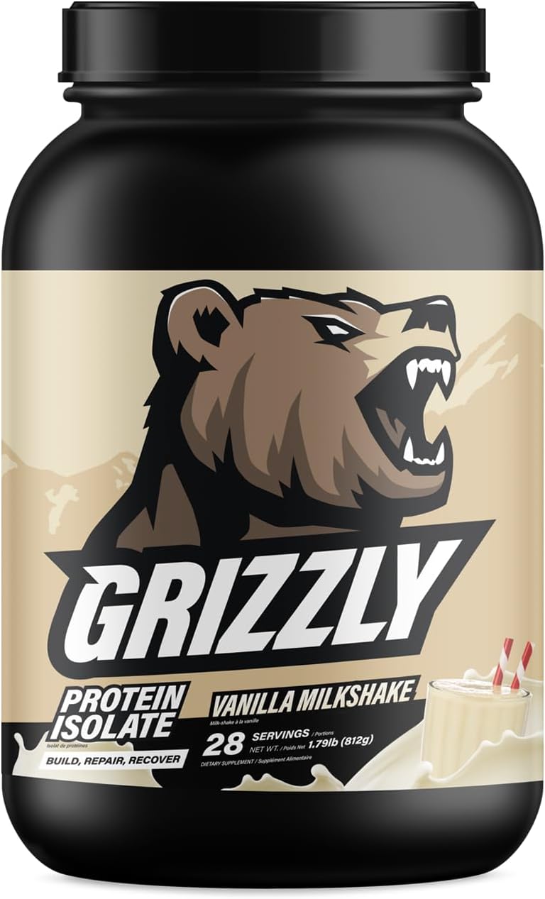 Grizzly Whey Isolate 25g Protein Powder Vanilla Protein Shake – 5.5g BCAAs for Growth & Muscle Recovery – 89% Whey Protein Per Serving – Post Workout, Muscle Builder for Men & Women – 28 Servings