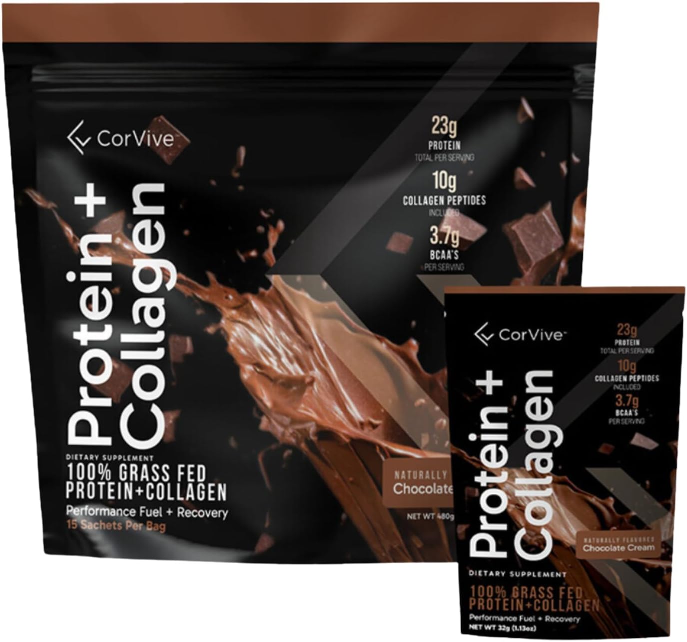Protein + Collagen Powder | 23g Protein (Grass-Fed Whey + Collagen) | 3.7g BCAAs | Supports Muscle & Joint Health | Gluten & Soy Free | No Artificial Ingredients | 15 Sachets – Chocolate