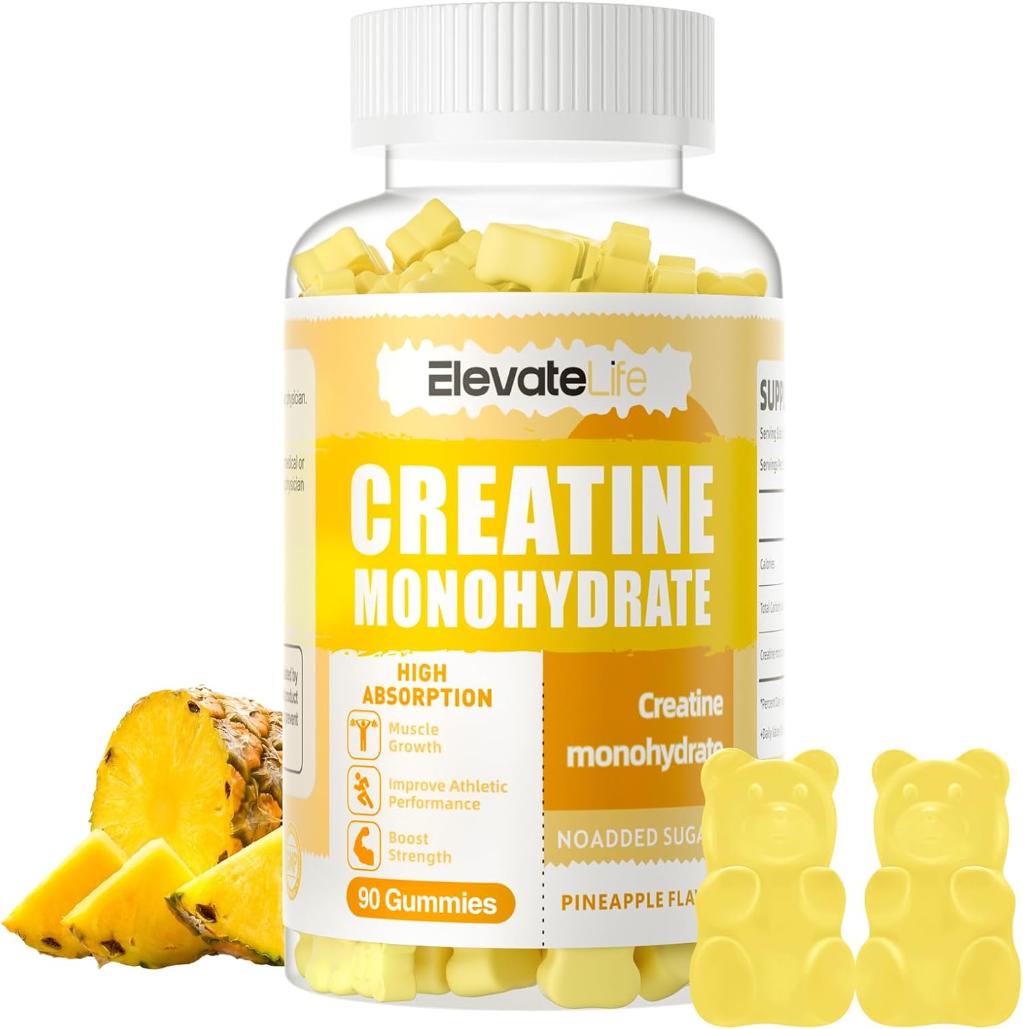Creatine Monohydrate Gummies 5000mg for Men & Women, Chewables Creatine Monohydrate for Muscle Strength, Muscle Builder, Energy Boost, Pre-Workout Supplement-90 Pineapple Gummies