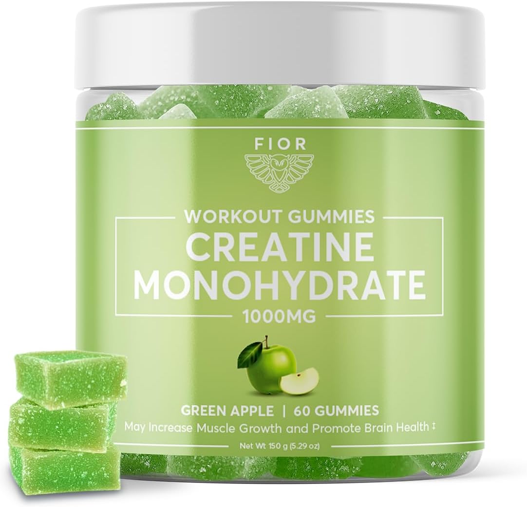 FIOR Creatine Gummy – Best Creatine Monohydrate Chewable, 60 Count, Workout & Protein Supplement, Cognitive Enhancement, Green Apple Flavor, 30 Servings
