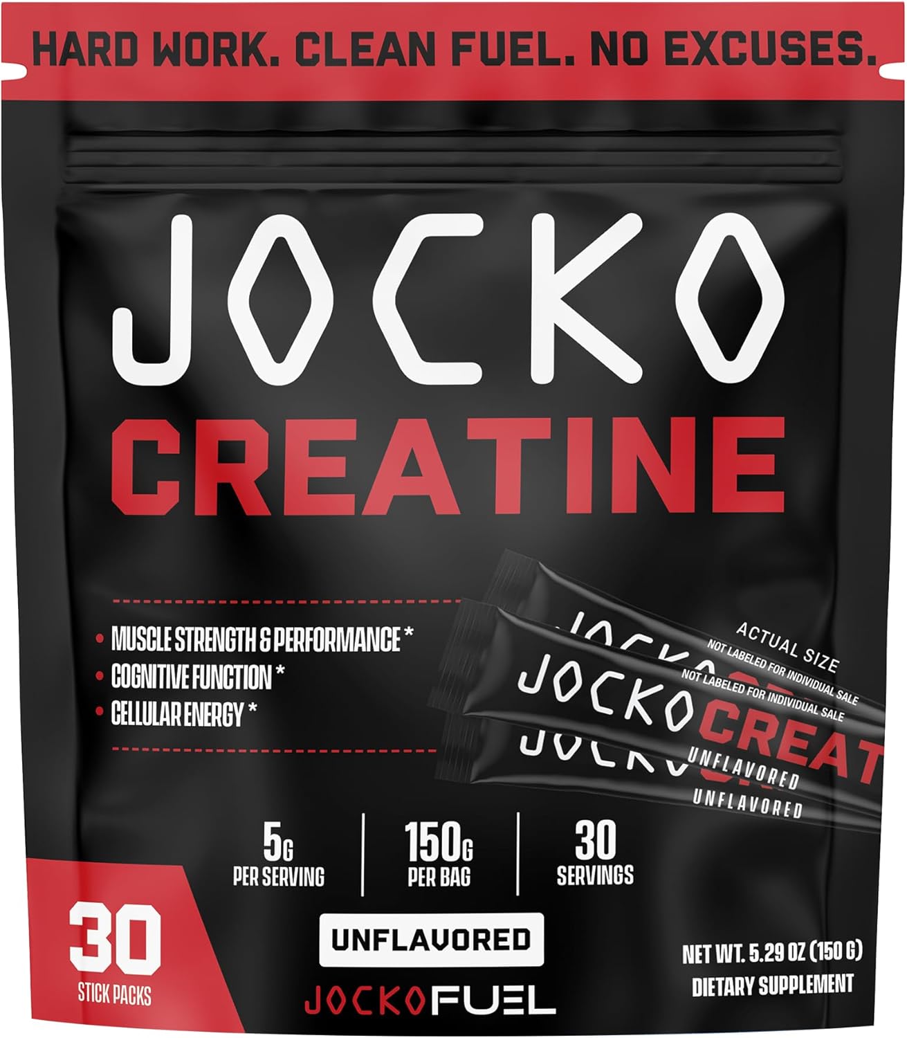 Jocko Fuel Creatine Stick Packs – Creatine Monohydrate Powder Travel Packs for Men & Women, Supplement for Athletic Performance & Muscle Health, 30 Servings 150g (Unflavored)