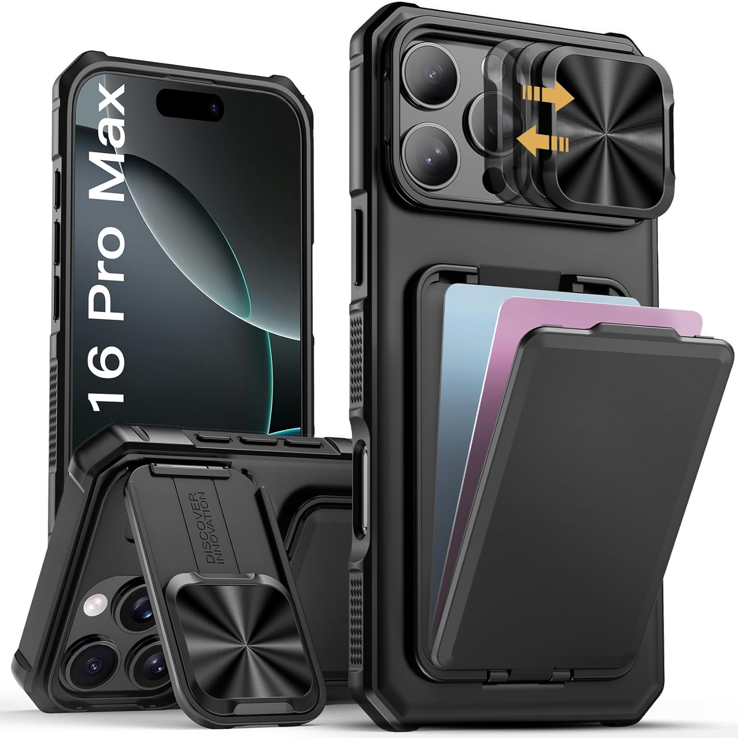 for iPhone 16 Pro Max Case with Card Holder & Kickstand & Slide Camera Lens Cover, Silicone Edge Protection Rugged Heavy Duty Phone Case Cover for iPhone 16 Pro Max 6.9” 2024, Black