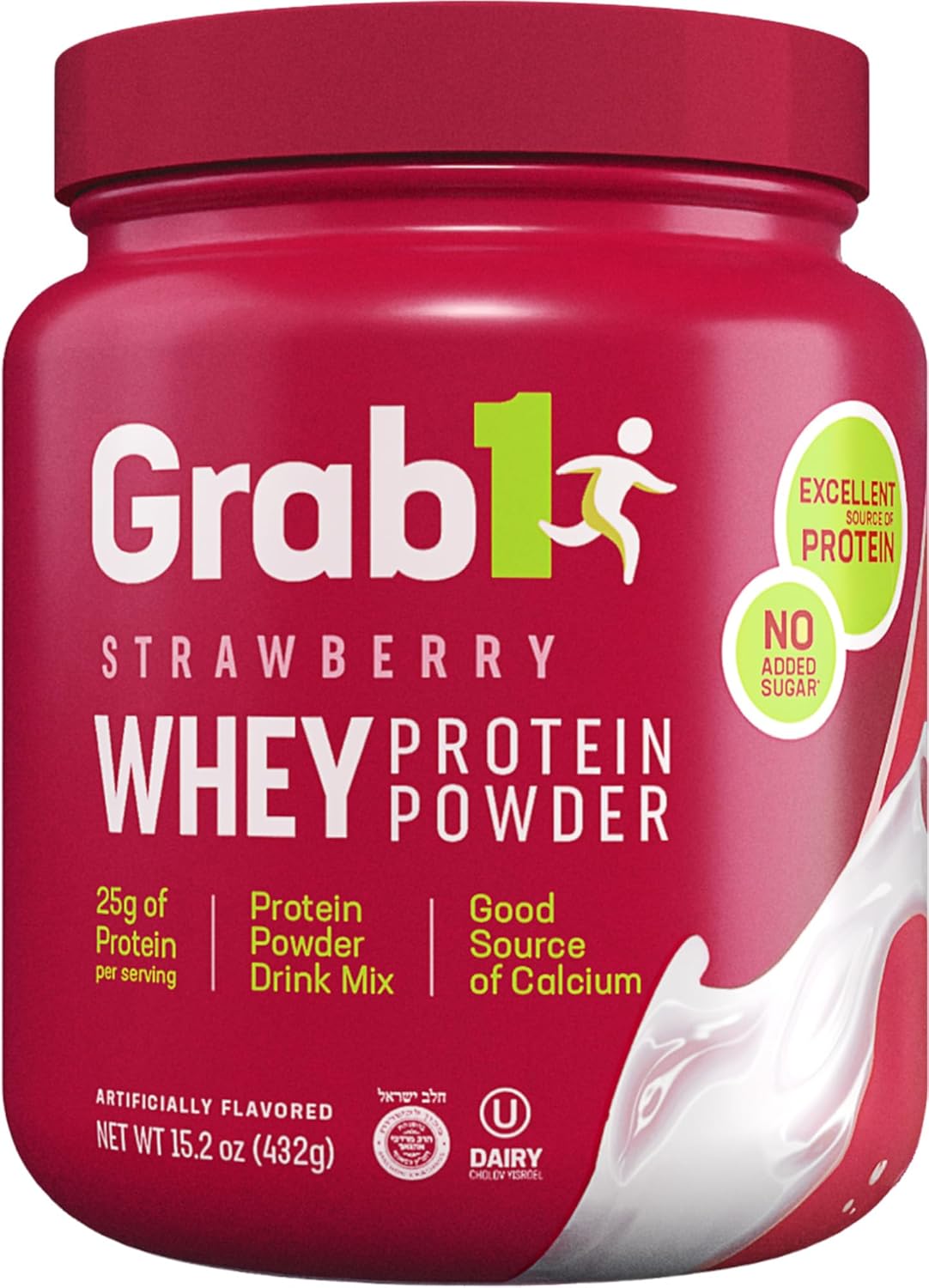 Whey Protein Powder, Strawberry Whey Powder, 15.2 oz | 25g Protein Per Serving | No Added Sugar, Good Source of Calcium | Kosher Dairy Cholov Yisroel Protein Powder | Smooth & Creamy