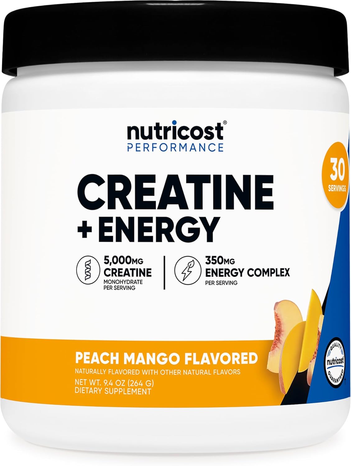 Nutricost Creatine + Energy 30 Servings (Peach Mango Flavored) – 5,000mg Creatine Monohydrate + 350mg Energy Complex Per Serving