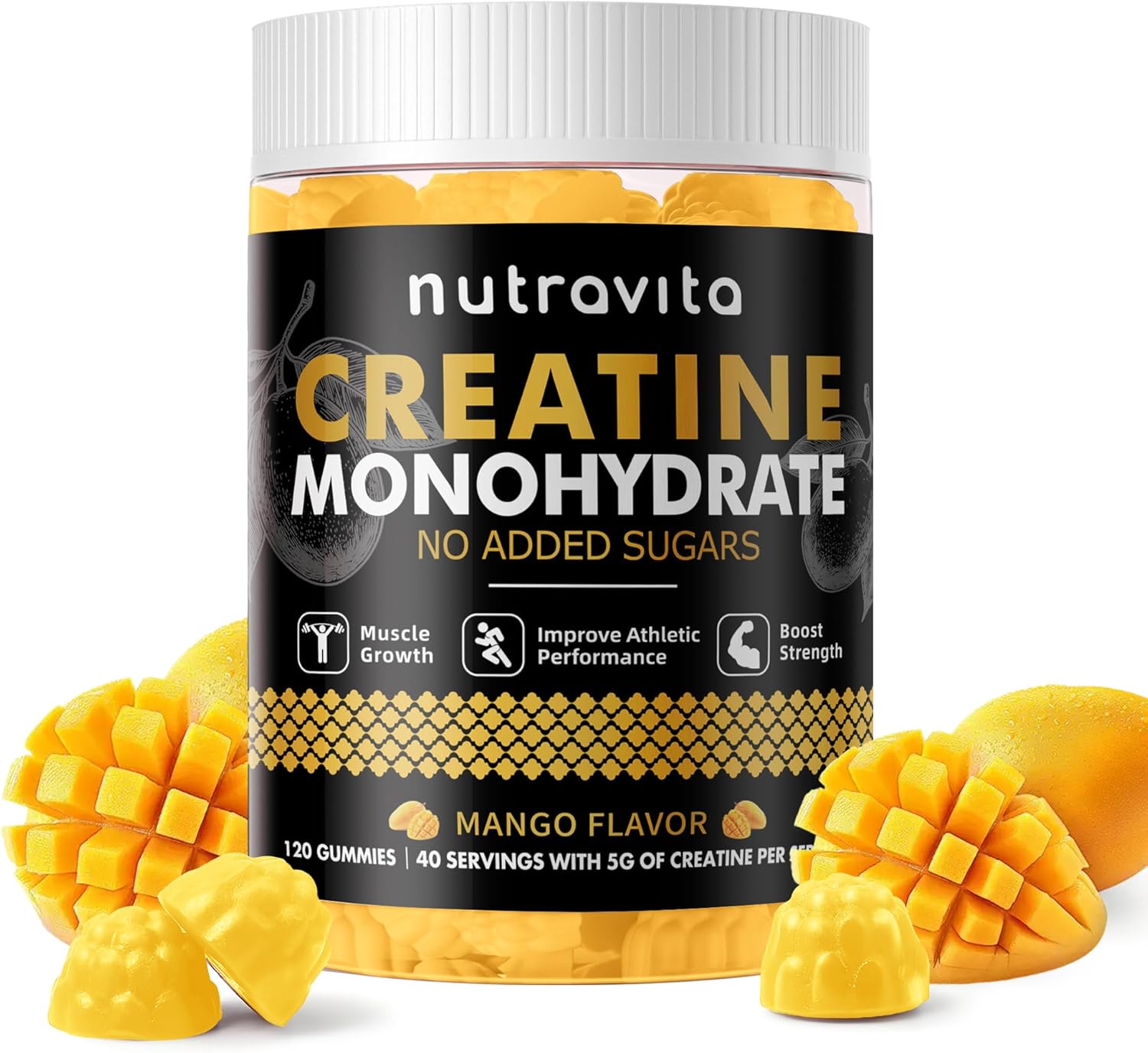 Creatine Monohydrate Gummies for Men & Women-5g of Creatine Monohydrate per Serving – Sugar Free,Vegan, Mango Flavor, 120 Count