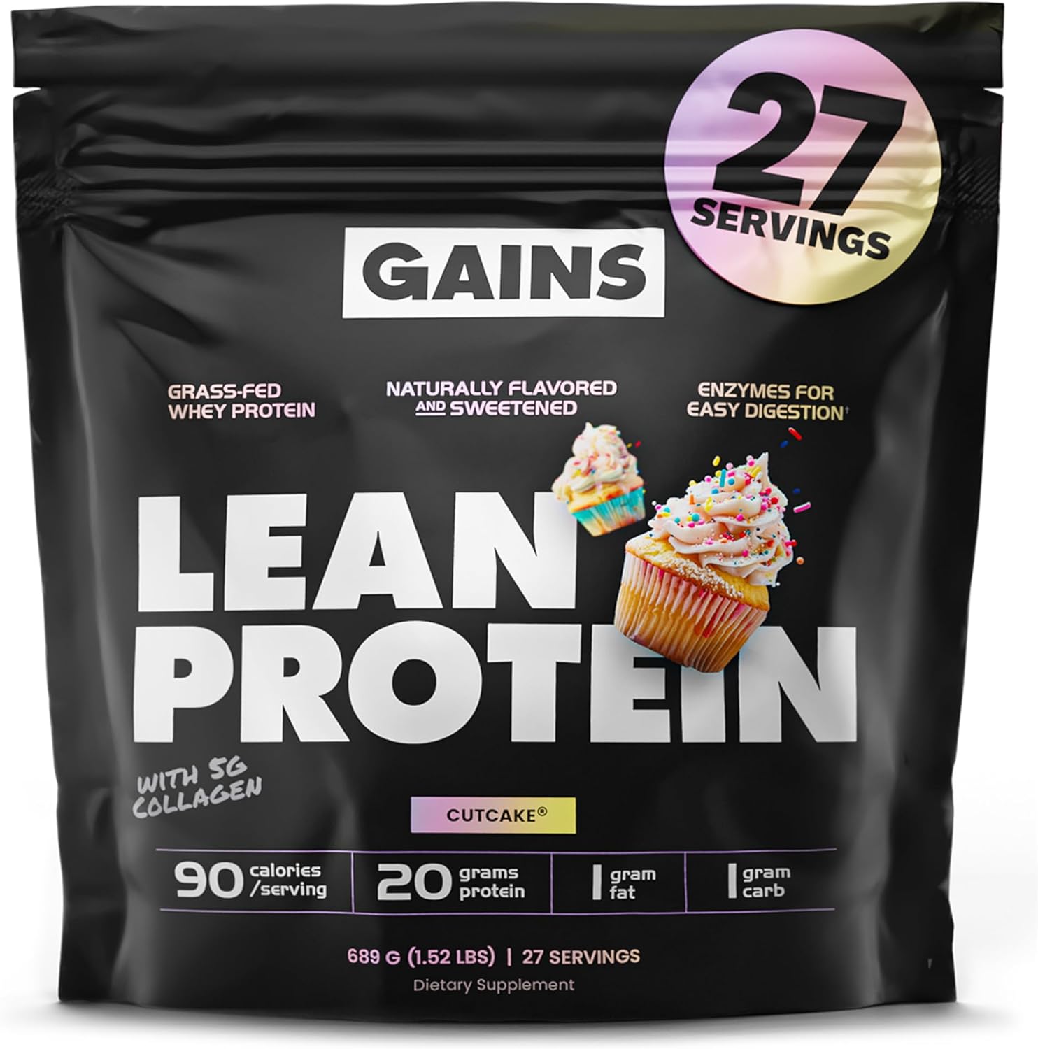 Gains in Bulk Lean Protein Powder with Collagen Peptides, Gluten Free Grass Fed Whey, 20G Protein & 5G Collagen, Plant Enzymes to Support Digestion, Natural Ingredients, Cutcake Flavor, 27 Servings