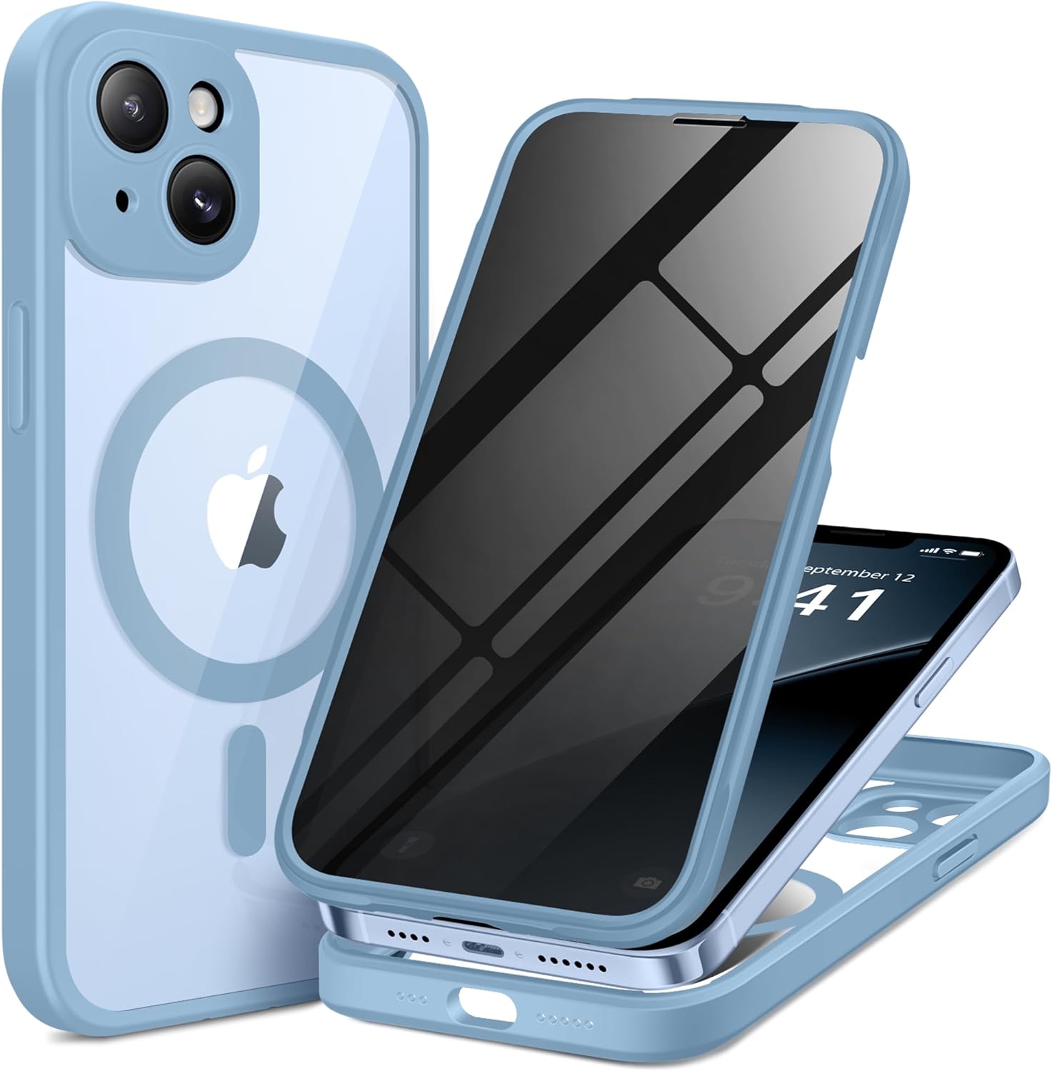 BERFY Magnetic for iPhone 14 Case, Compatible with MagSafe, Built-in Privacy Screen Protector and Upgraded Camera Protection, Anti-Spy Full Body Shockproof Phone Case for 14 6.1″, Blue