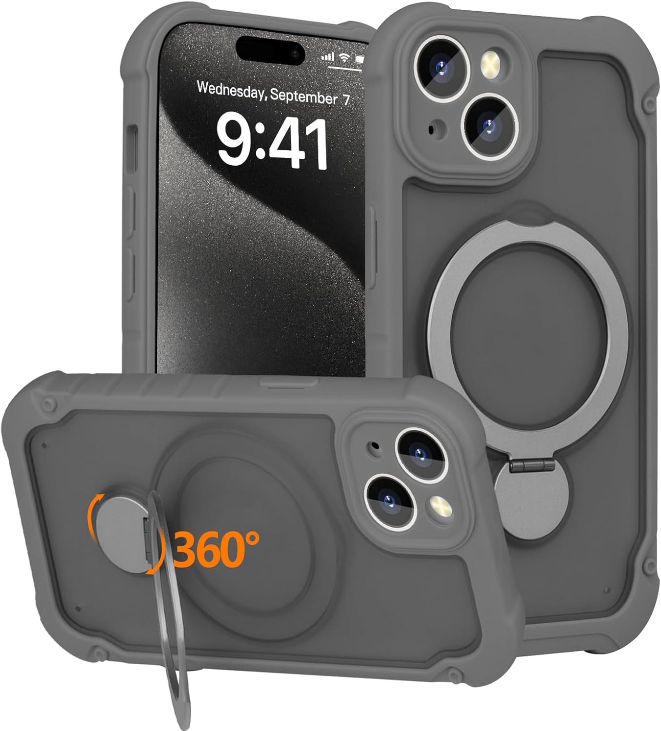 for iPhone 14 Case & iPhone 13 Case [3 in 1 Magnetic O-Ring Stand] Great Grip Feeling,Camera Protection,Aesthetic Rugged Frosted Translucent Protective Case for iPhone 13 & 14 6.1″ 丨Gray