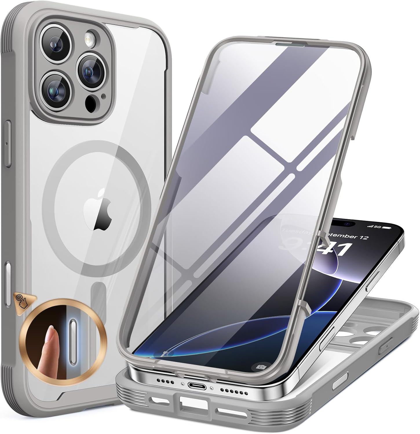 Miracase for iPhone 16 Pro Max Case 6.9”, [Bubble Free] Full-Body Phone case with Built-in Full Glass Screen &Lens Protector,Compatible with MagSafe,Drop Proof 16 Pro Max Cover, Grey