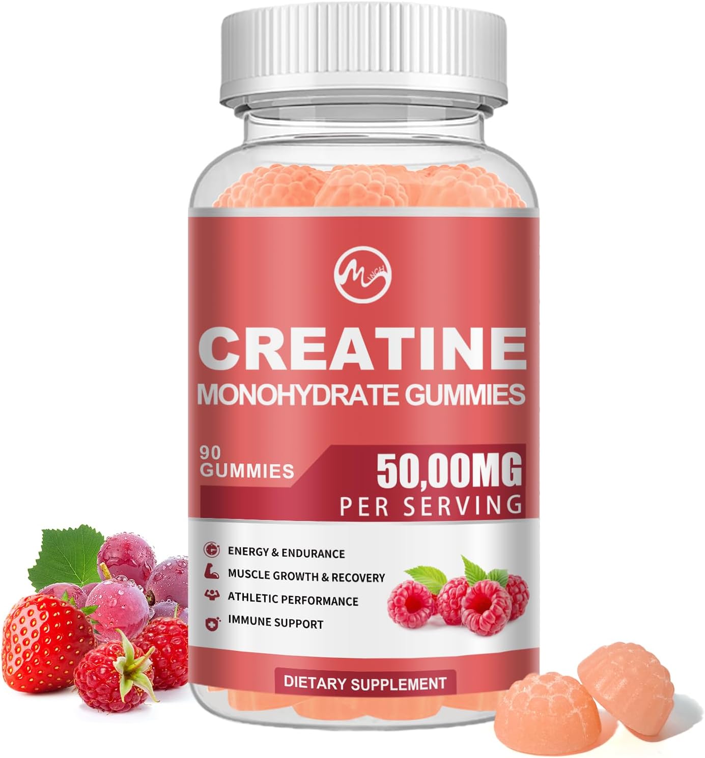 Creatine Monohydrate Gummies – 5000mg Creatine Monohydrate Per Serving for Men & Women, Muscle Growth, Increase Strength and Build Muscle, Berry Flavor, 90 Gummies