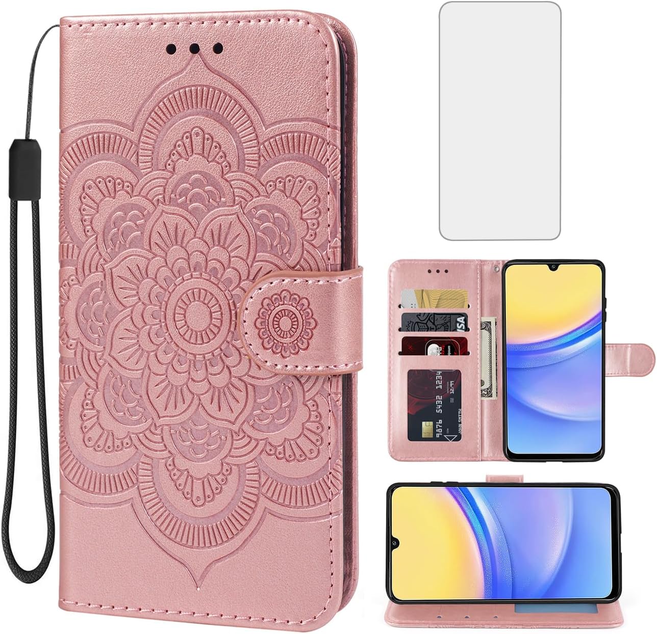 Case for Galaxy A16 5G, for Samsung A16 Wallet Case with Tempered Glass Screen Protector, Mandala Leather Flip Credit Card Holder Stand Phone Cover Cases for Samsung Galaxy A16 Rose Gold