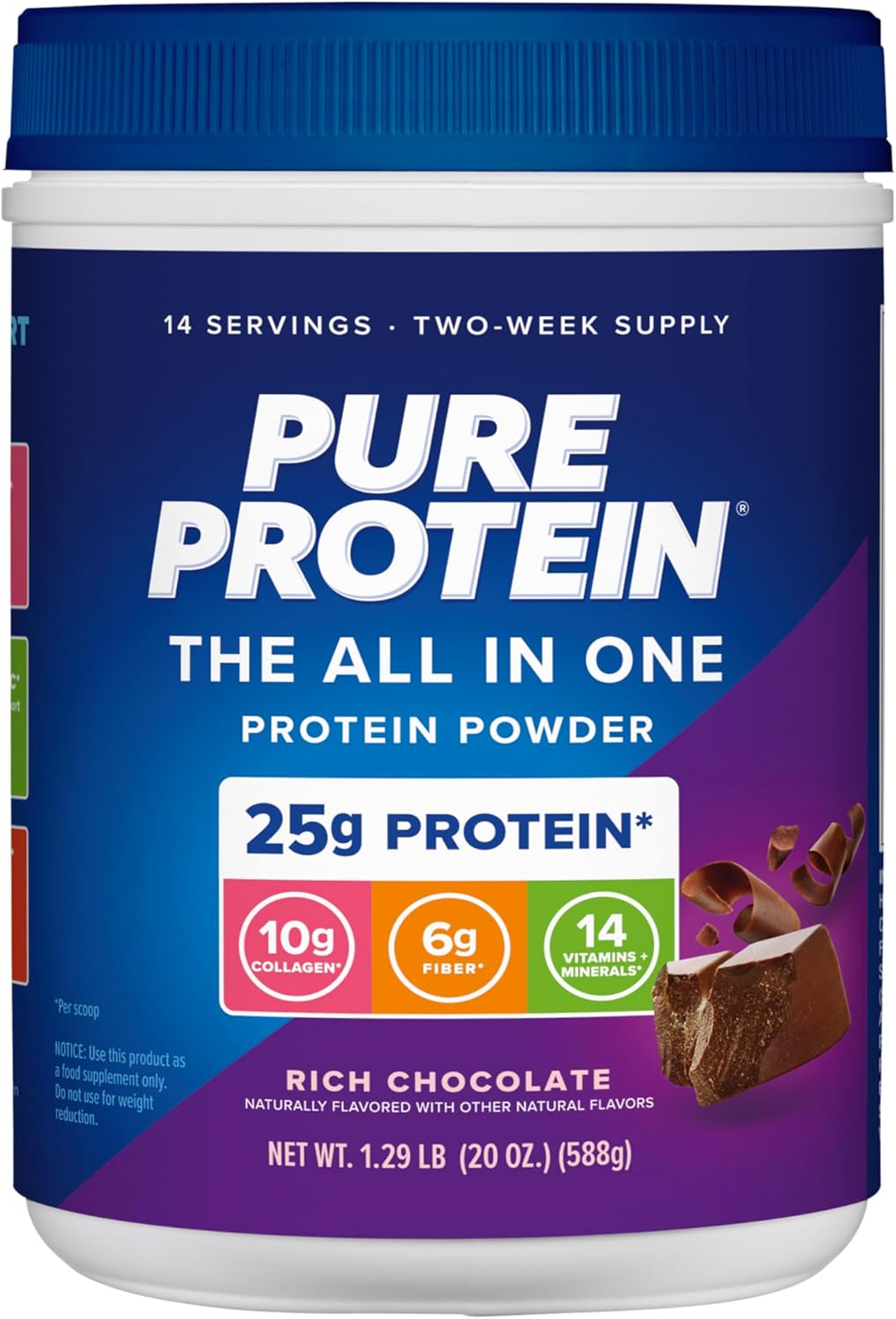 Pure Protein All-In-One Powder, Rich Chocolate – Whey & Collagen, High Fiber, Vitamins, No Added Sugar, Non-GMO, Gluten-Free, 1.25lb