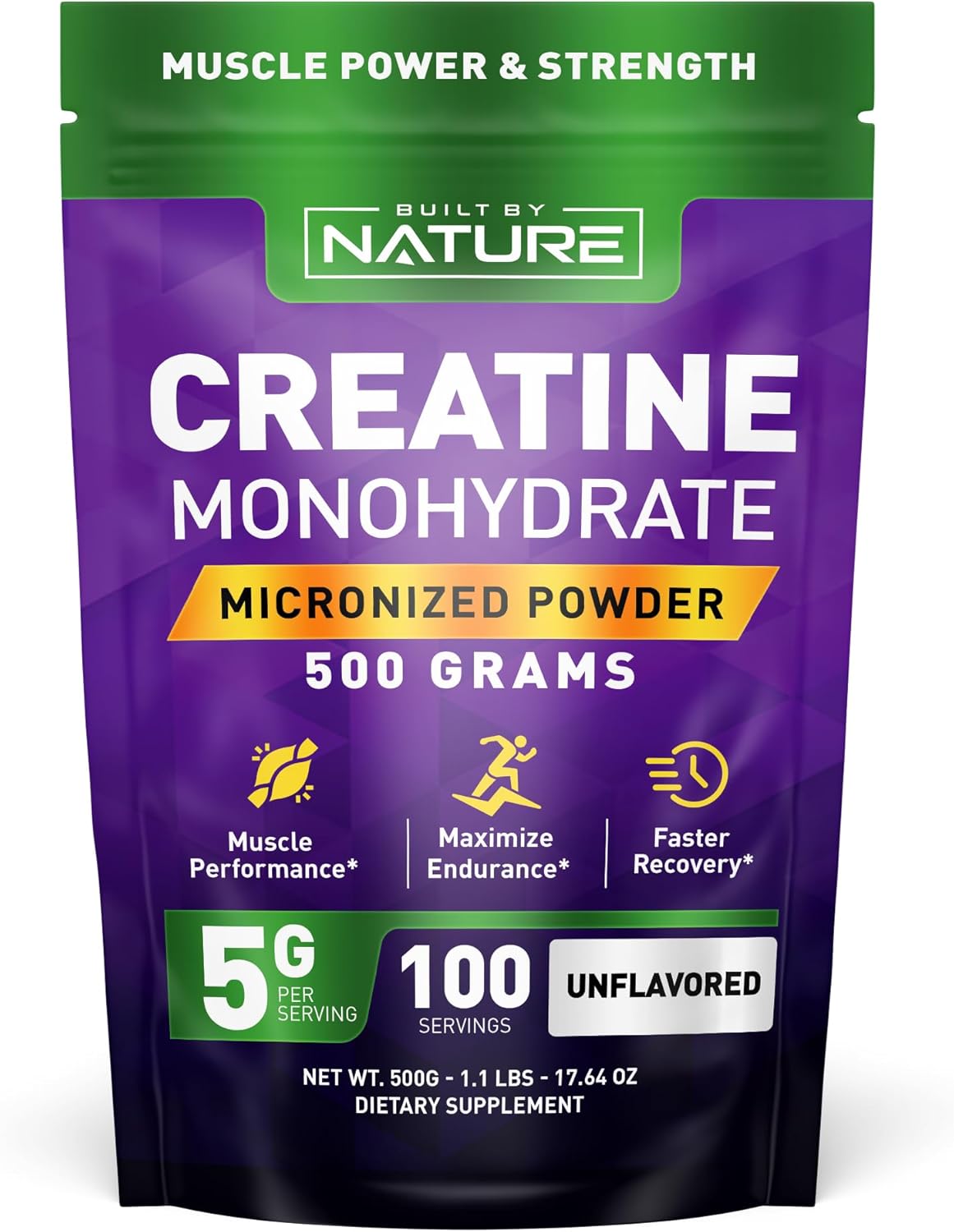 Built by Nature Creatine Monohydrate Micronized Powder – Unflavored, 5000mg (5g) Per Serving, 100 Servings (500g) – Vegan, Non-GMO, Gluten-Free – Supports Muscle Strength and Workout Recovery