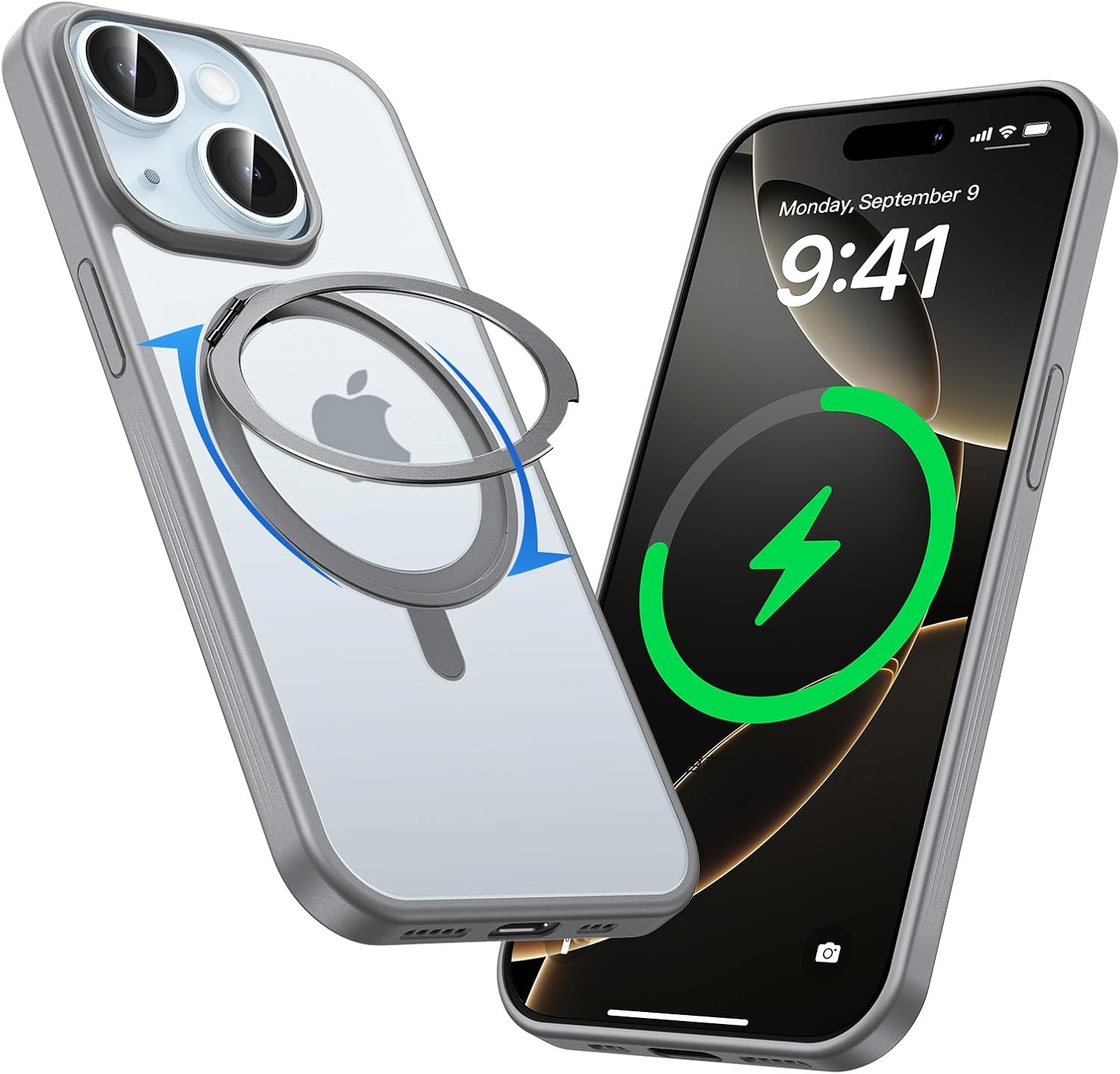 MAGIC JOHN 360° Rotatable Magnetic Invisible Stand for iPhone 15 Case [Camera Control Button] [Compatible with MagSafe] 16FT Shockof for iPhone 15 Case with Kickstand, Gray