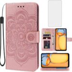 Case for Redmi 13C (4G/5G)/Poco M6 5G/Poco C65/Redmi 13R 5G Wallet Case with Tempered Glass Screen Protector, Leather Flip Credit Card Holder Stand Phone Cover for Xiaomi Redmi 13C Rose Gold