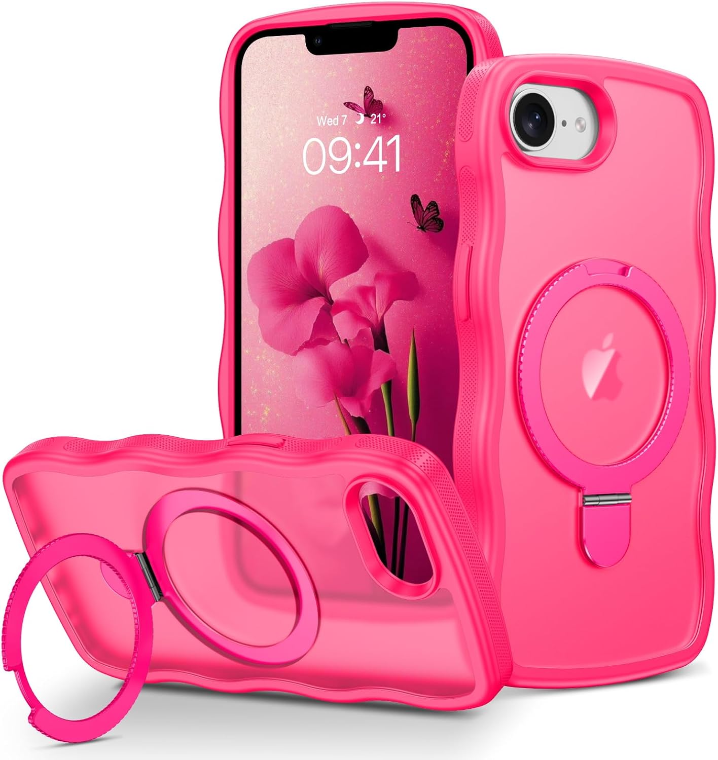 BENTOBEN for iPhone 16e Case with Stand, Cute Curly Wave Frame 16e Phone Case Magnetic Ring Holder Compatible with MagSafe, Translucent Matte Shockproof Kickstand Case for iPhone16e 6.1″2025, Hot Pink