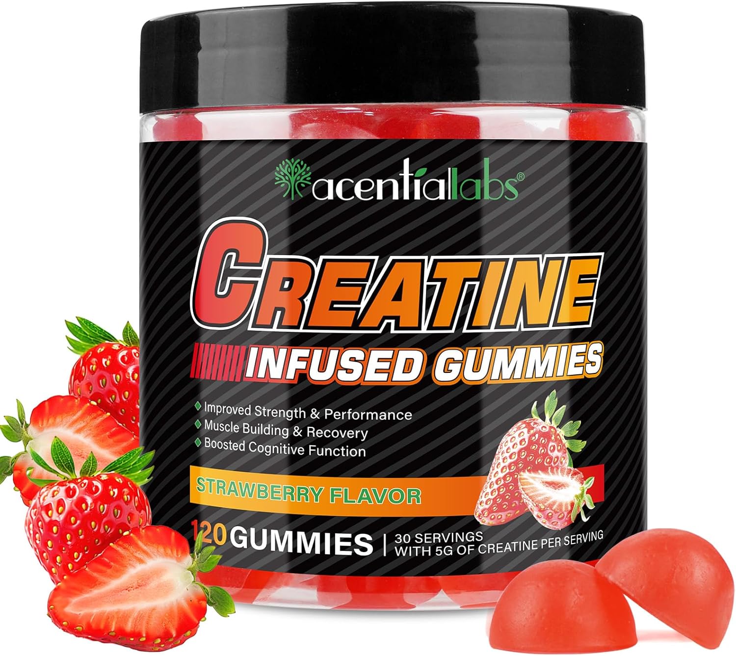 Creatine Monohydrate Gummies for Men & Women – 5g per Serving, Low Sugar Creatine Monohydrate Gummies – Increase Strength, Muscle Gain, Recovery, Endurance – Vegan, Gluten-Free,Strawberry (120 Count)