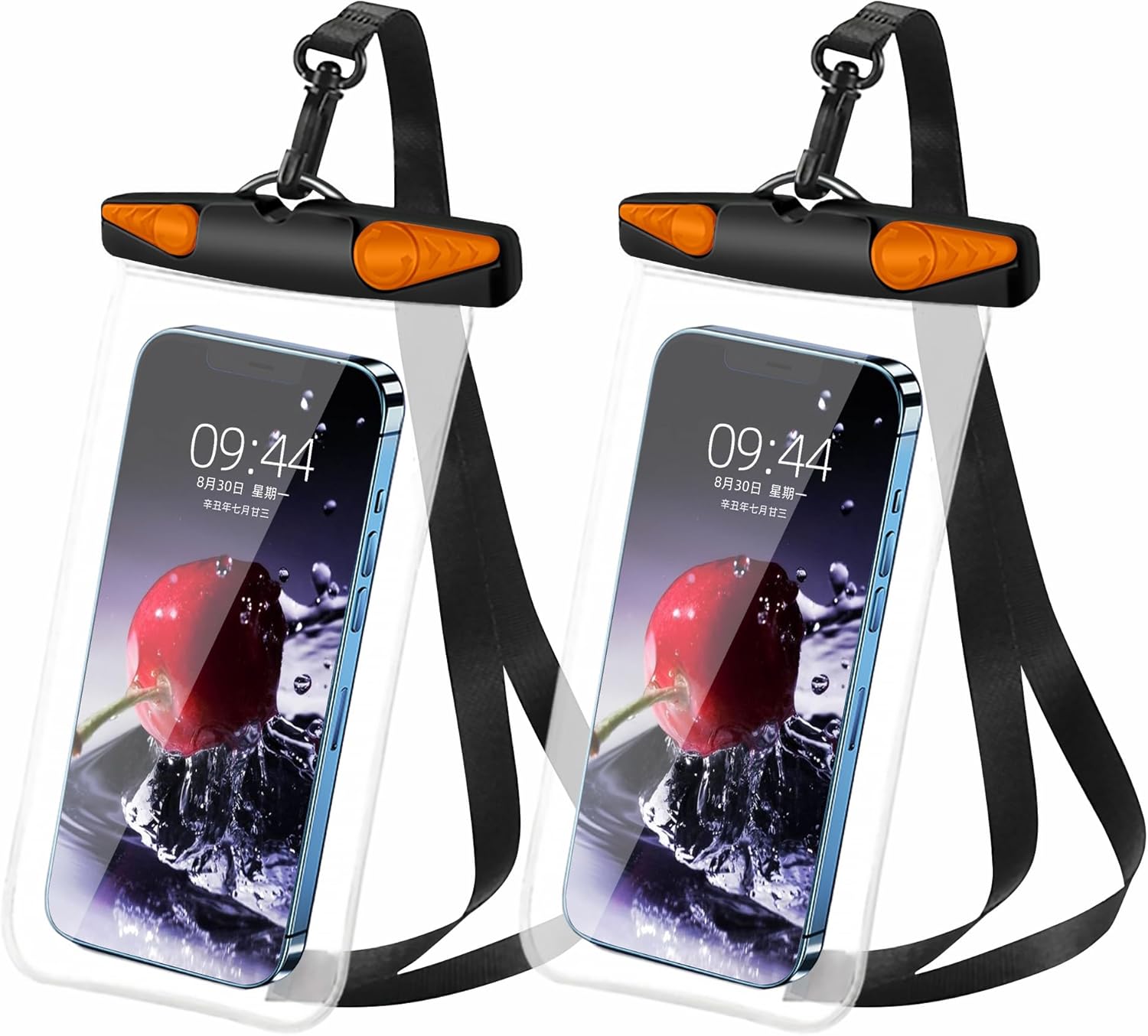Waterproof Phone Pouch, Waterproof Phone Case with Lanyard for iPhone, Samsung, IPX8 Cellphone Beach Dry Bag Kayak Cruise Ship Essentials 2Pack-7.5″ Black Orange