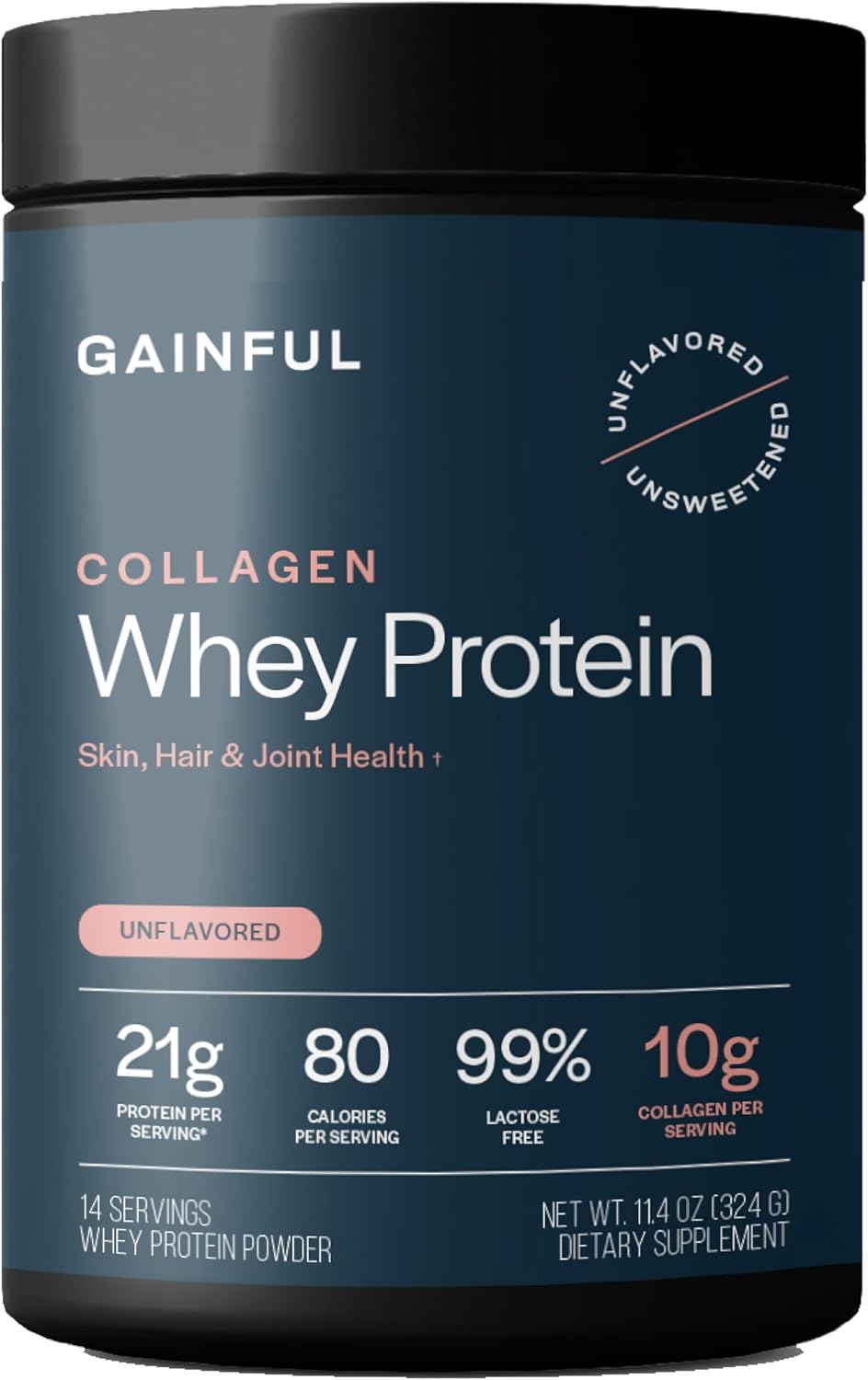 Gainful Collagen Whey Protein Powder, 21g Protein per Serving, Unflavored, Supports Muscle Recovery, Joint Health, and Skin Hydration with Grass-Fed Collagen Peptides, Vitamin C, 14 Servings