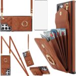 Phone Case for Samsung Galaxy S22 Ultra 5G Wallet Cover with Tempered Glass Screen Protector Wrist Strap Ring Stand RFID Blocking Card Holder Cell S22ultra 22S S 22 S22ultra5g 6.8 Women Girls Brown