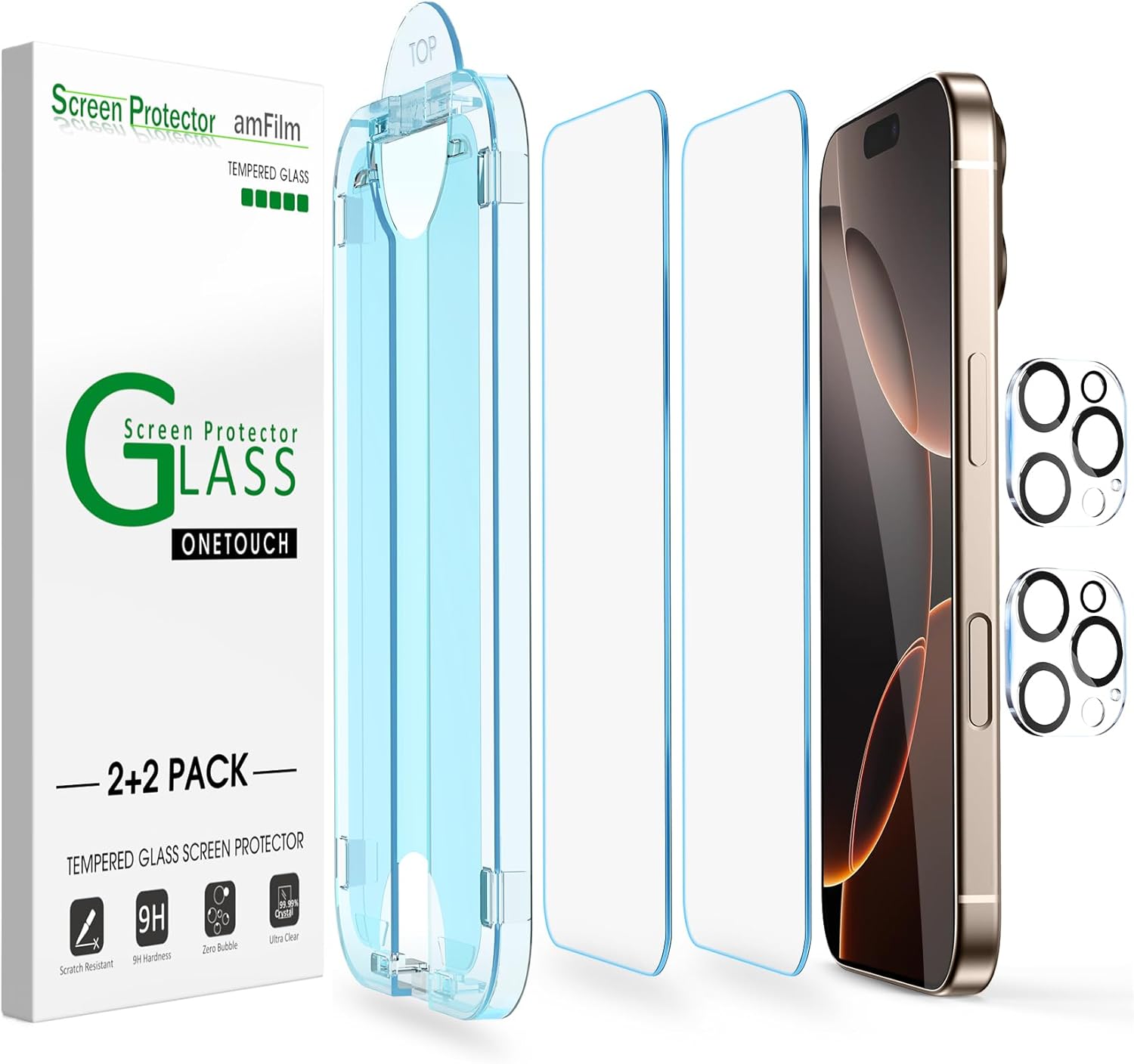 amFilm Auto-Alignment OneTouch for iPhone 16 Pro Max [6.9”] Screen Protector + Camera Lens Protector, Tempered Glass, 30 seconds Installation, Bubble Free, Case Friendly, Anti-Scratch [2+2 Pack]
