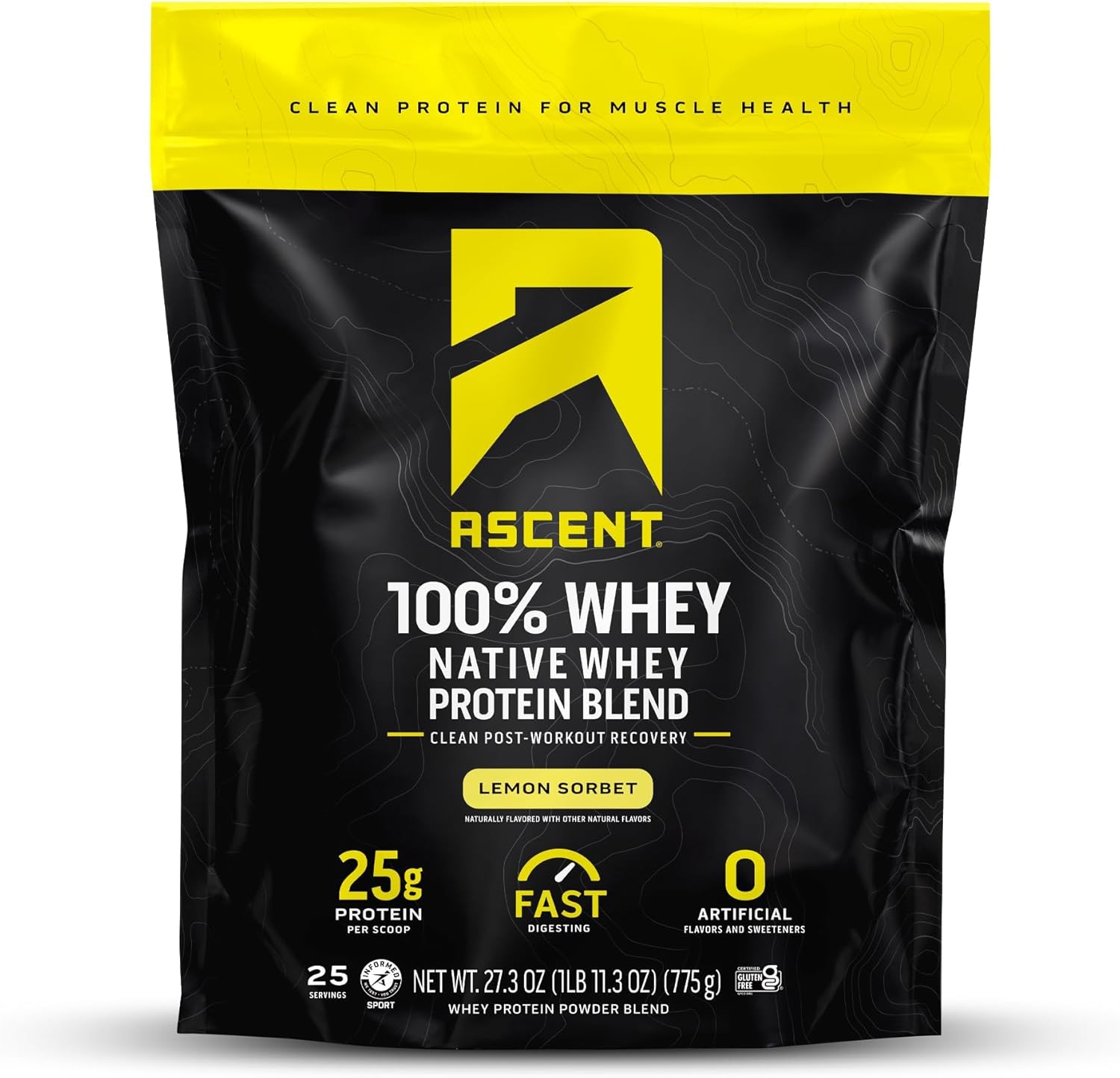 Ascent 100% Whey Protein Powder – Post Workout Whey Protein Isolate, Zero Artificial Flavors & Sweeteners, Gluten Free, 5.5g BCAA, 2.6g Leucine, Essential Amino Acids, Lemon Sorbet 1.7 lb