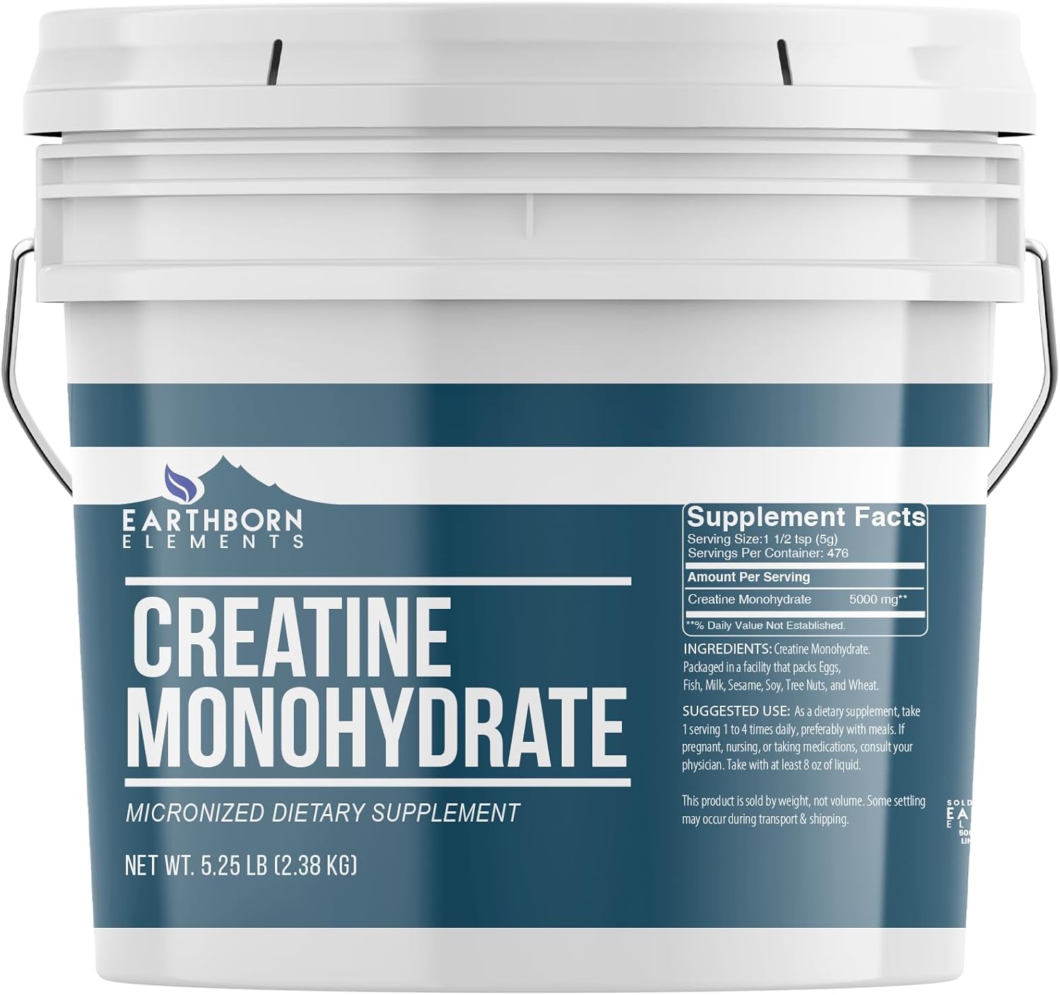 Earthborn Elements Creatine Monohydrate Powder 1 Gallon Bucket, Micronized & Unflavored, Dietary Supplement, No Additives