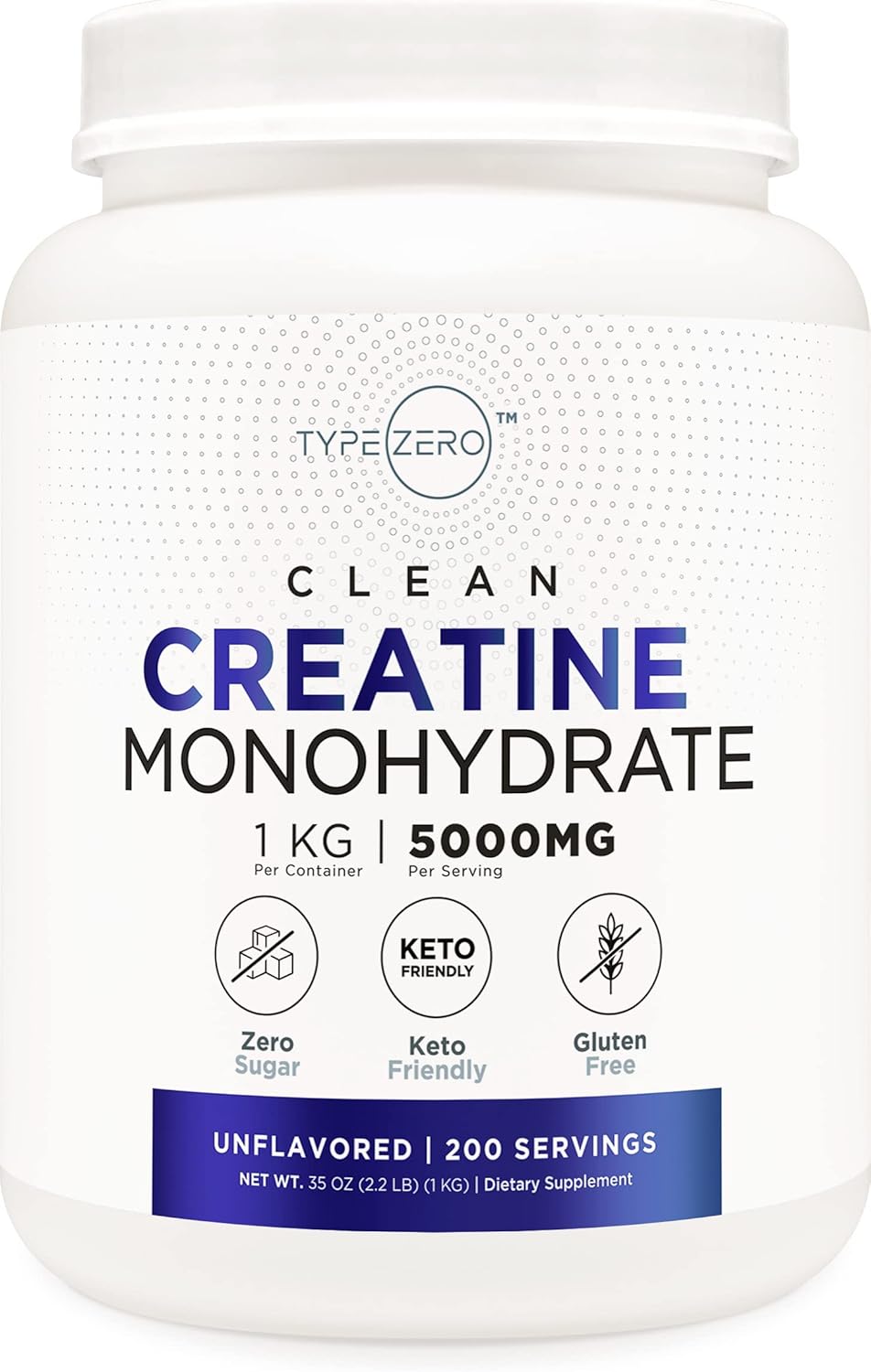 Type Zero Creatine Monohydrate (Unflavored) 1 KG, 5000mg (5g) Per Serving, Micronized, Zero Sugar, Keto Friendly & Gluten Free, 200 Servings