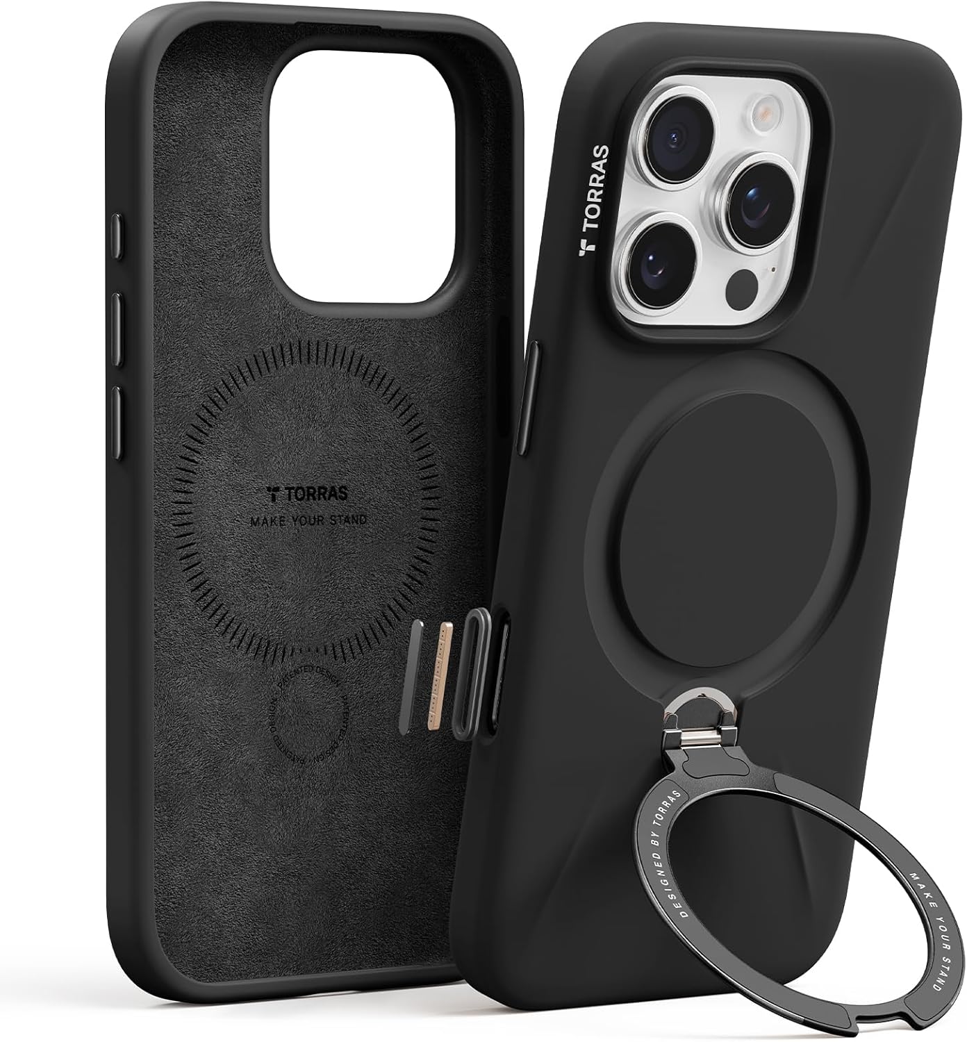 TORRAS Magnetic for iPhone 16 Pro Max Case Silicone with Stand, Fit for MagSafe, 360° Ring Stand with Camera Control, Liquid Silicone Case, Protective Case for iPhone 16 Pro Max 6.9”, Obsidian Black