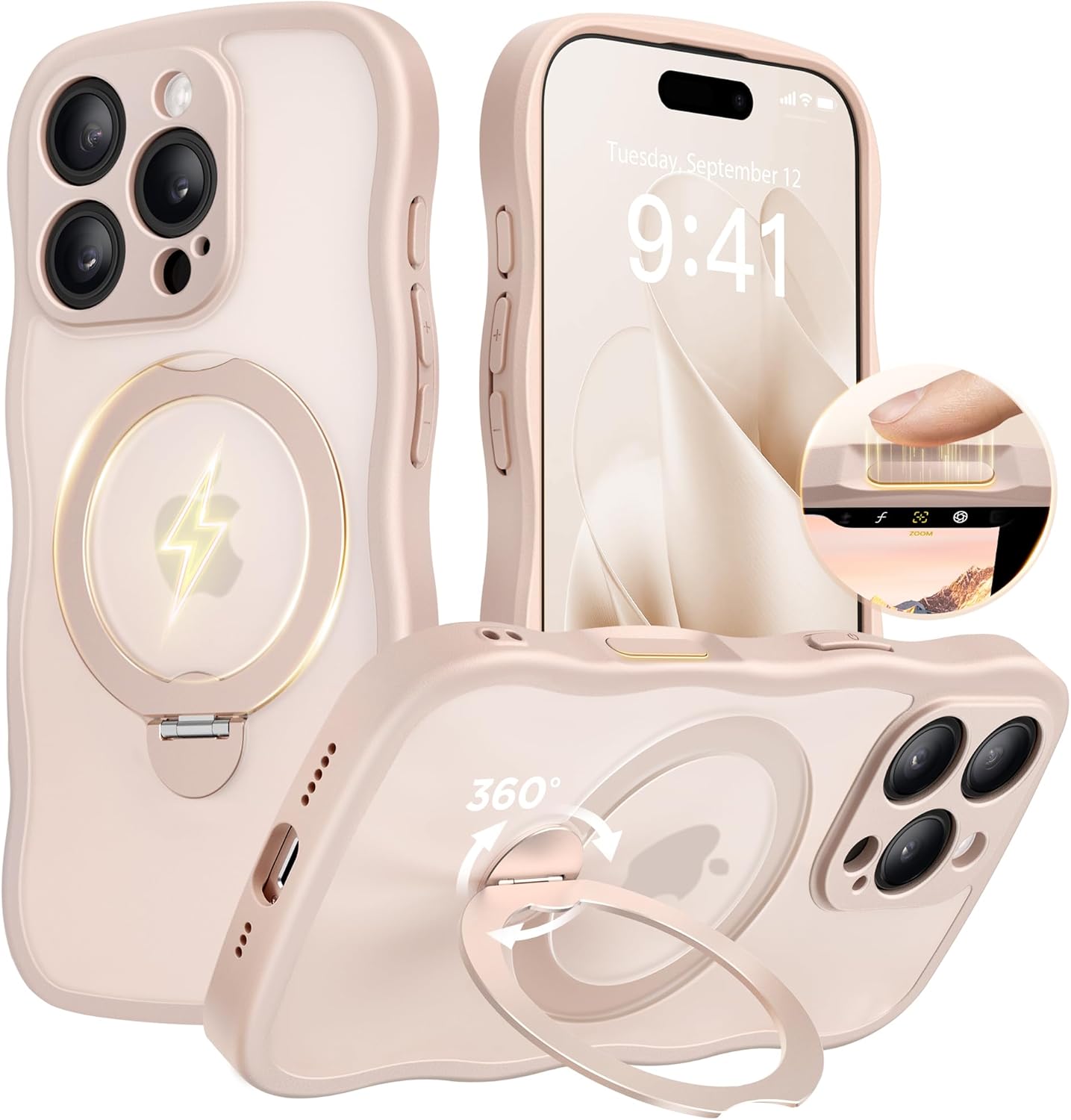 for iPhone 16 Pro Max Case with 360° Spin Magnetic Stand for Women, [Compatible with MagSafe] [Full Camera Protection] Cute Wave Translucent Matte Case for iPhone 16 Pro Max, Pink Gold