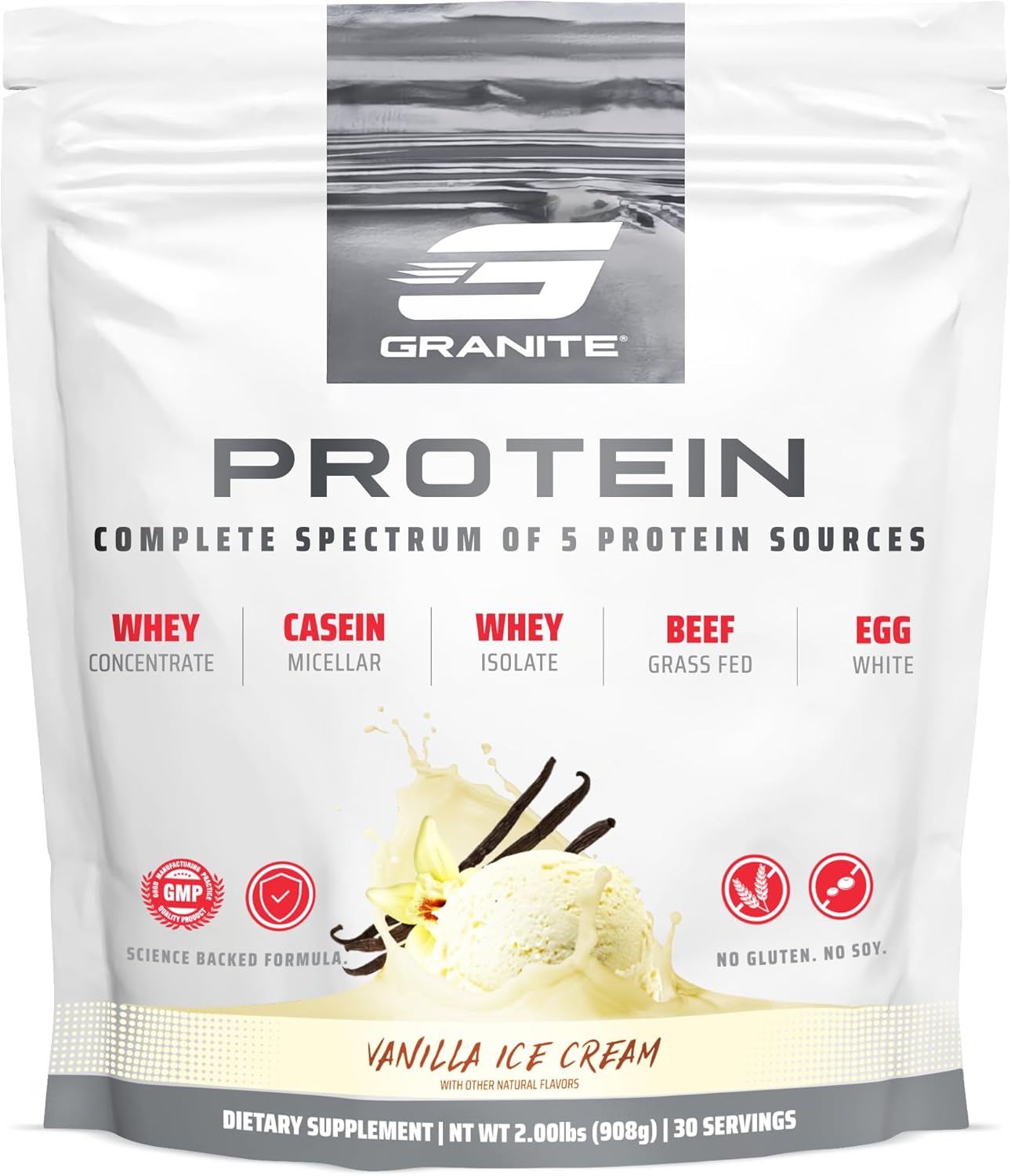 Granite Nutrition Protein Powder – Premium 5-Source Blend (Whey, Casein, Egg, Grass-Fed Beef) for Lean Muscle and Recovery – Vanilla Ice Cream, 30 Servings