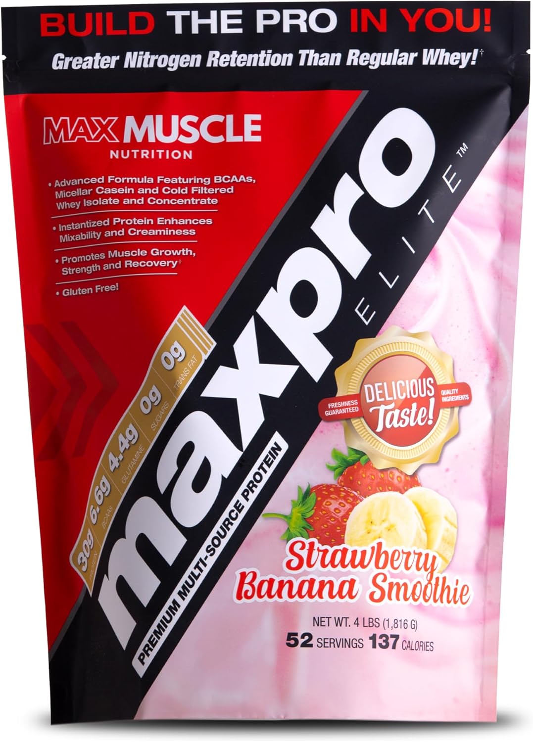 Max Muscle Maxpro Elite Whey Protein Powder | 30g Protein | 0g Sugar | 6.6g BCAAs | Micellar Casein Cold Filtered Whey Isolate Protein | Promotes Muscle Growth & Recovery (Strawberry Banana, 4lb)