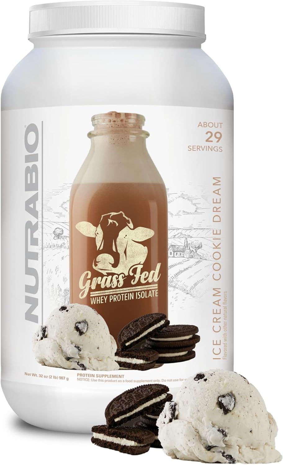 NutraBio Grass Fed Whey Isolate Protein Powder – 25G of Protein Per Scoop – Sugar Free Natural Lean Muscle Protein Supplement – Ice Cream Cookie Dream – 2 Pounds, 29 Servings