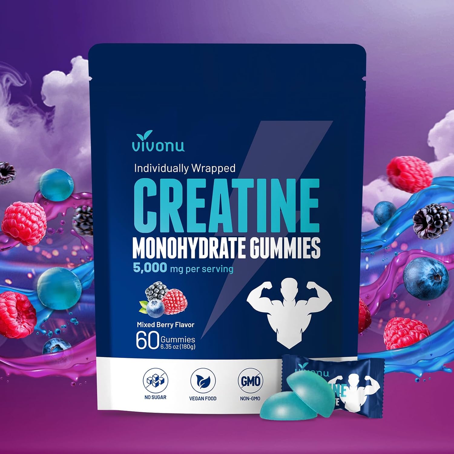 Creatine Gummies – 5000mg Creatine Monohydrate Per Serving | Mixed Berry Flavors | Sugar Free Vegan Creatine Monohydrate Supplement for Men & Women | Non-GMO Gluten Free Pre Workout Supplements