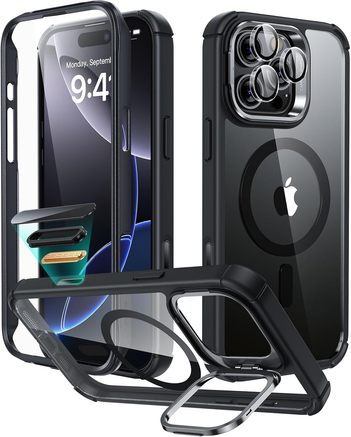 ESR for iPhone 16 Pro Max Case with Stand, Camera Control Button Compatible with MagSafe, Full-Body Military-Grade Drop Proof Case with Built-in 9H+ Tempered Glass Screen Protector, Clear Black