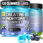 (2Pack，120 Count) Creatine Monohydrate Gummies for Men & Women 5000mg, Chewable Creatine Monohydrate with W/L-Taurine + Vitamin B12 for Muscle Support, Energy Boost – Sugar Free,Vegan (Blueberry)