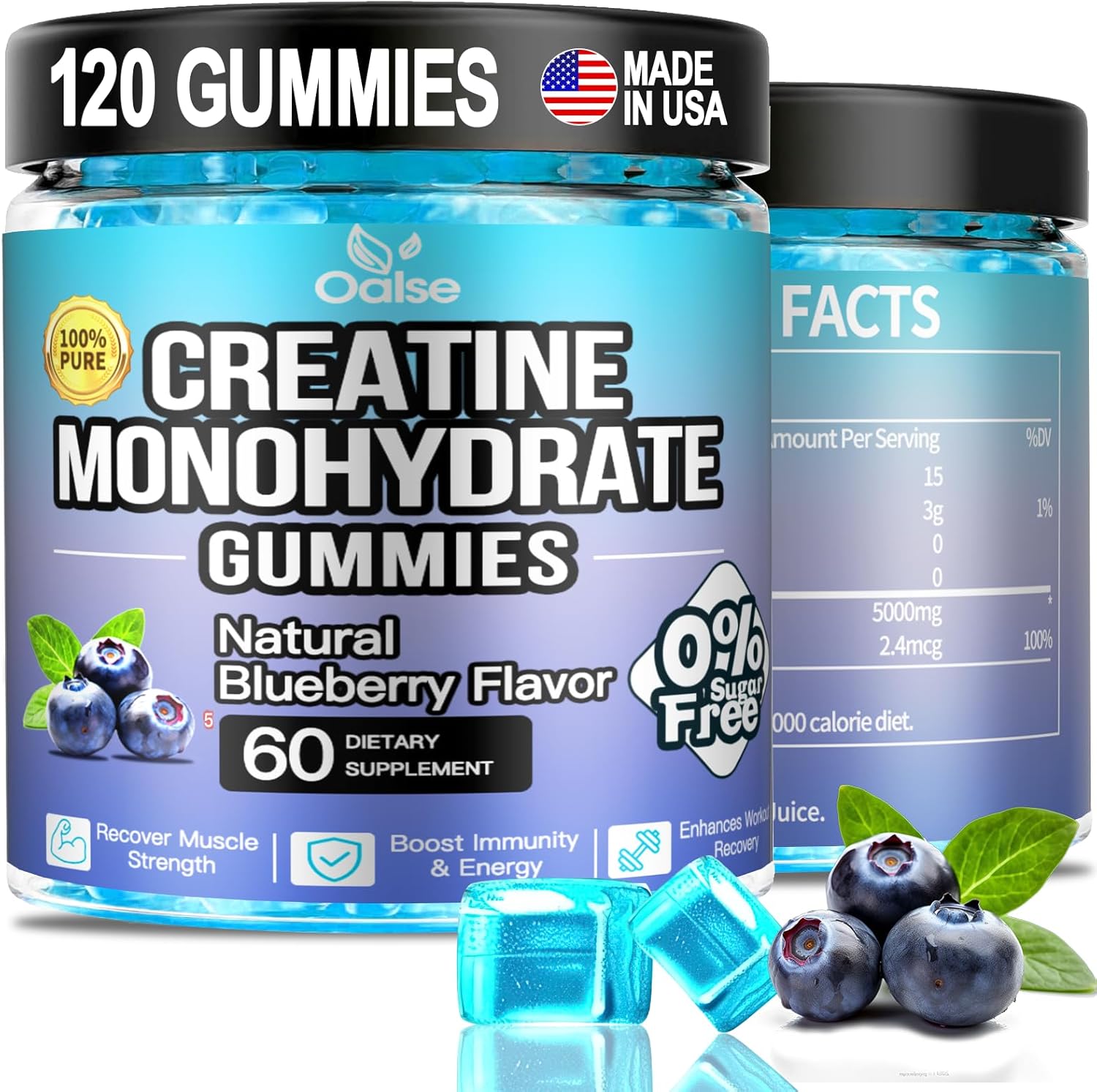 (2Pack，120 Count) Creatine Monohydrate Gummies for Men & Women 5000mg, Chewable Creatine Monohydrate with W/L-Taurine + Vitamin B12 for Muscle Support, Energy Boost – Sugar Free,Vegan (Blueberry)